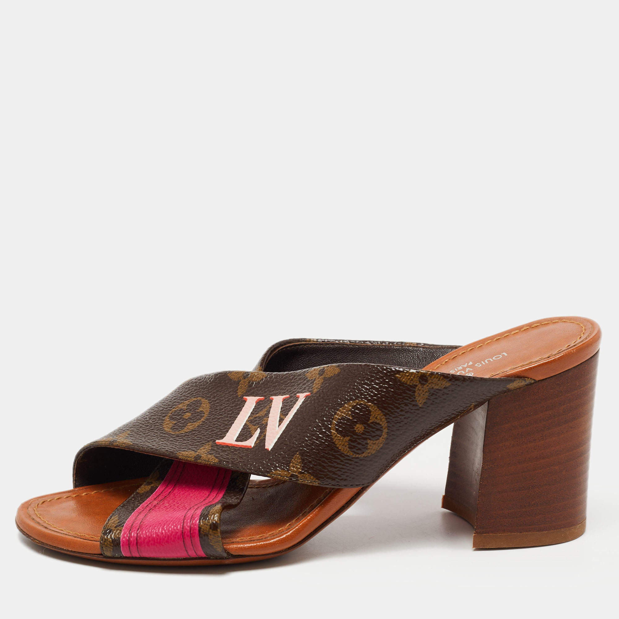 Authentic Louis Vuitton Sz 35 Denim LV Monogram/Leather Flip Flop Sandals