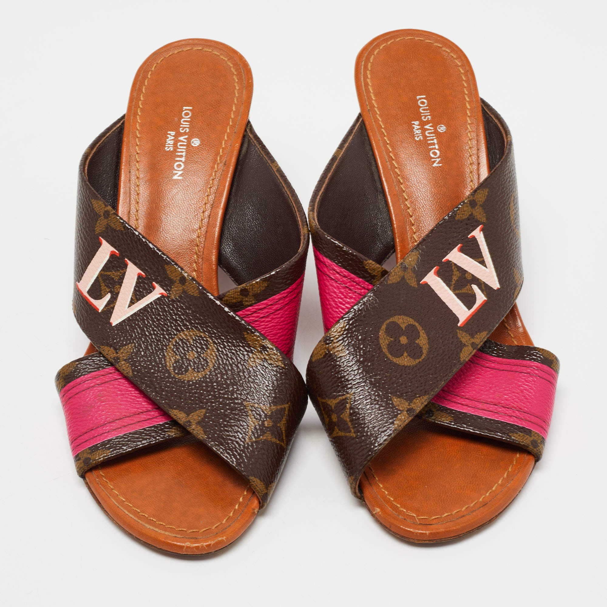 Louis Vuitton Brown/Pink Canvas Panorama Cross Strap Flat Slides Size 39 Louis  Vuitton