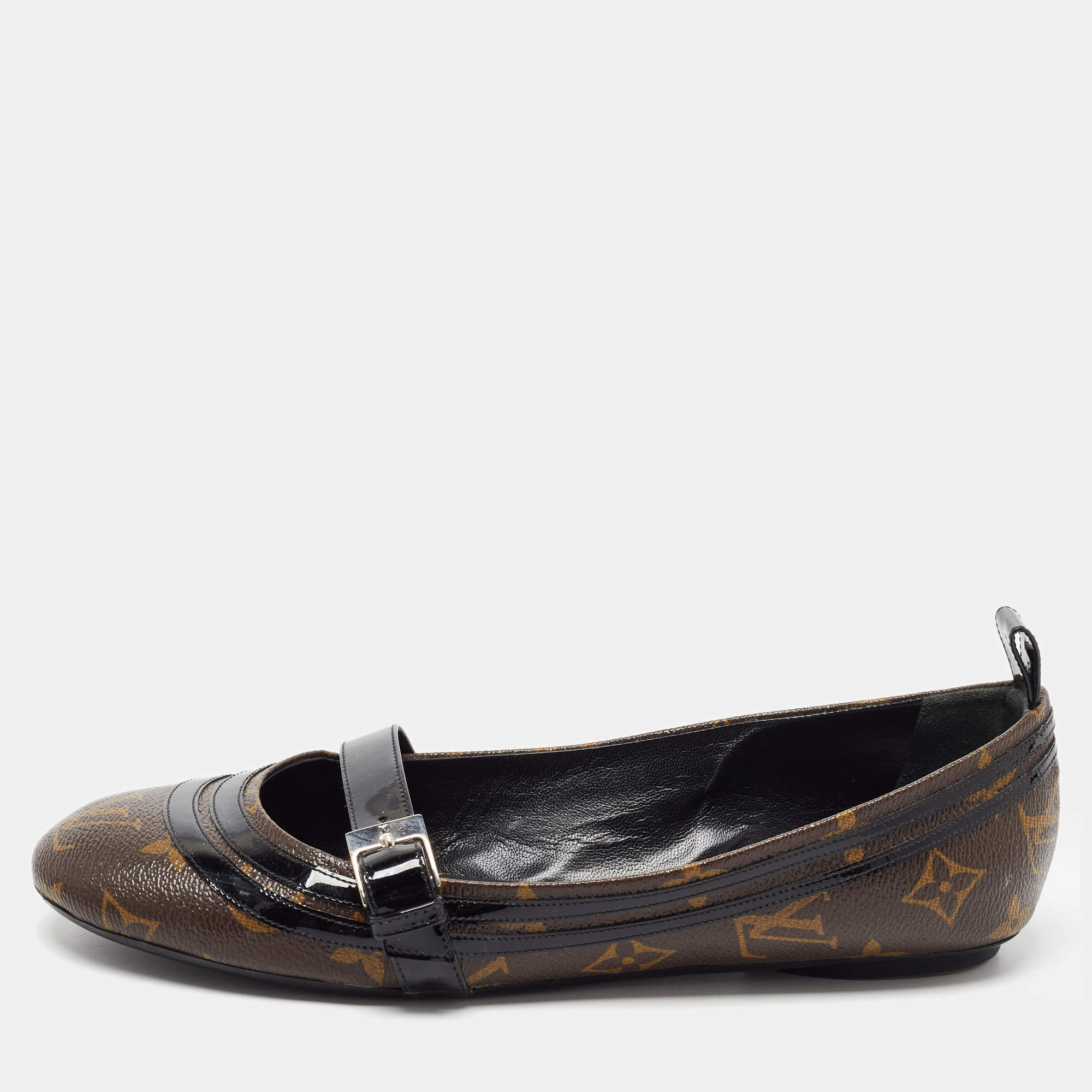 Pre Owned Louis Vuitton Brown/Black Monogram Canvas and Patent Leather Flower Field Ballet Flats Size 39