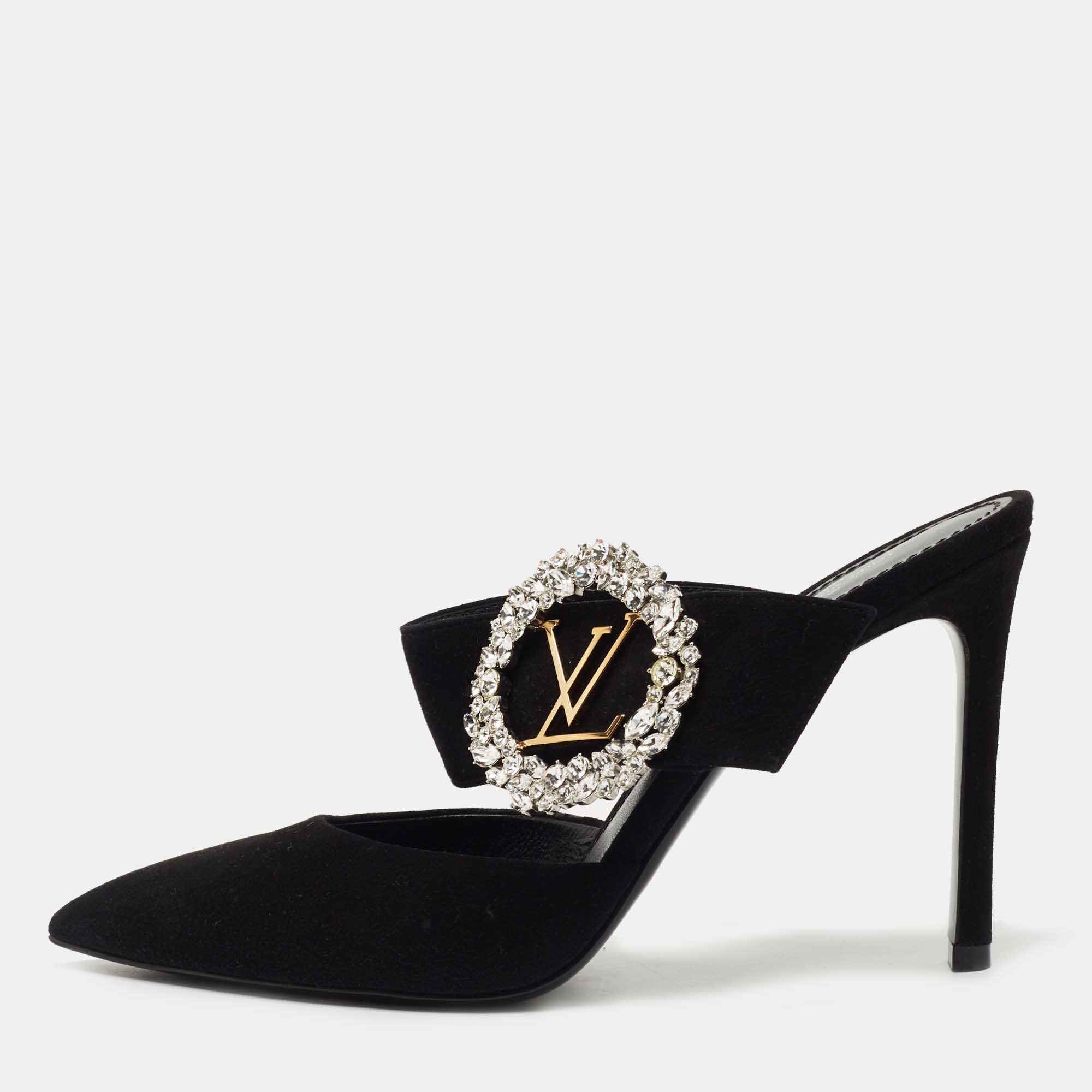 Louis Vuitton Black Suede Crystal Madeleine Flat Mules Size 39 Louis Vuitton