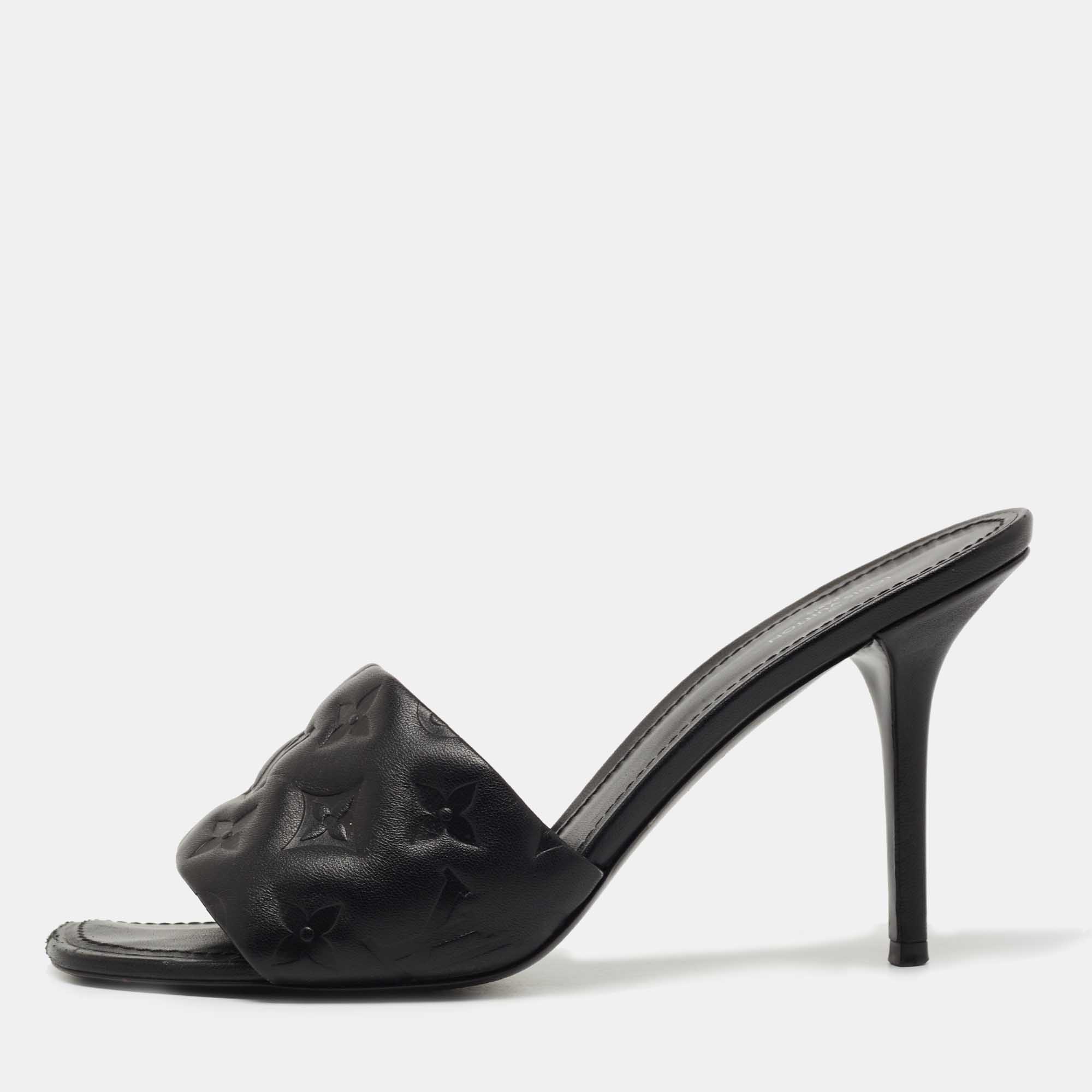 Louis Vuitton Black Monogram Embossed Leather Revival Slide Sandals Size 40