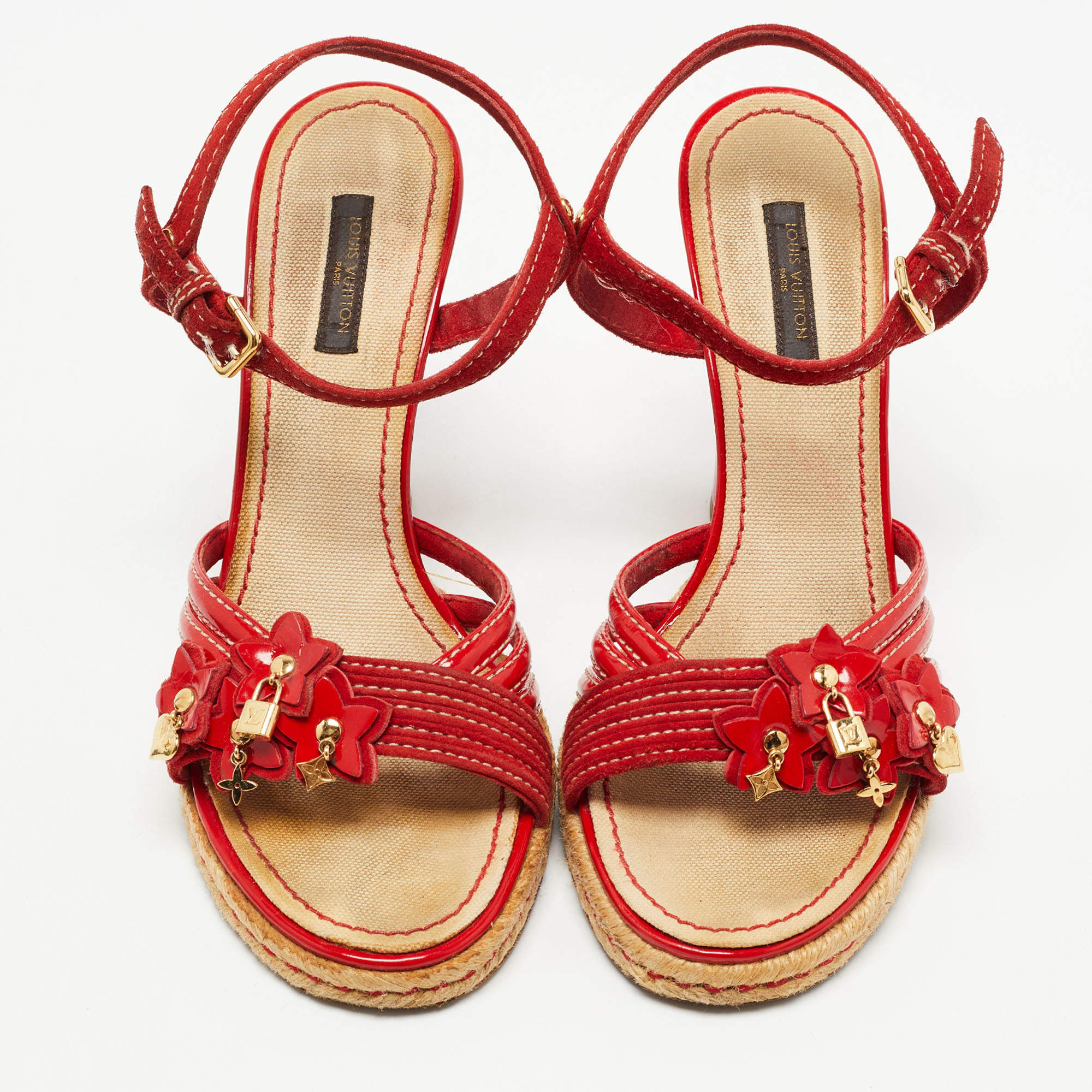Louis Vuitton Red Suede and Patent Leather Ankle Strap Sandals