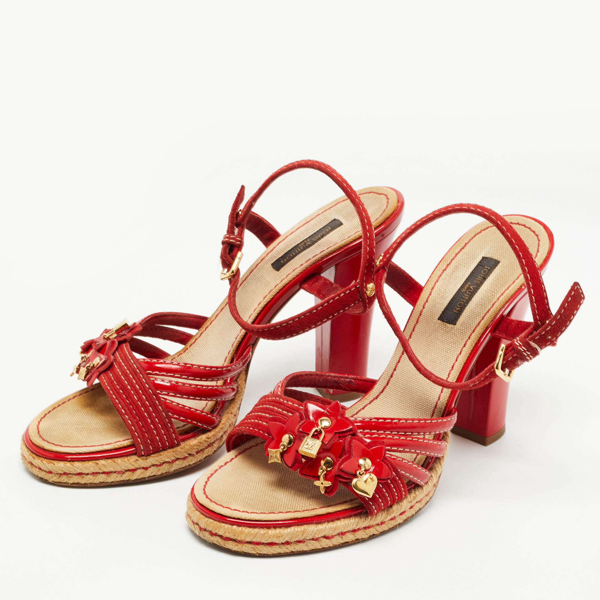 Louis Vuitton Red Suede and Patent Leather Ankle Strap Sandals