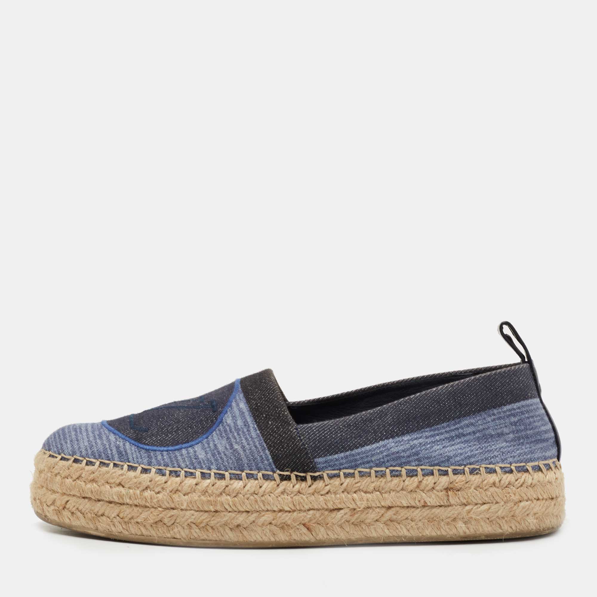Pre Owned Louis Vuitton Navy Blue Denim Espadrille Flats Size 38