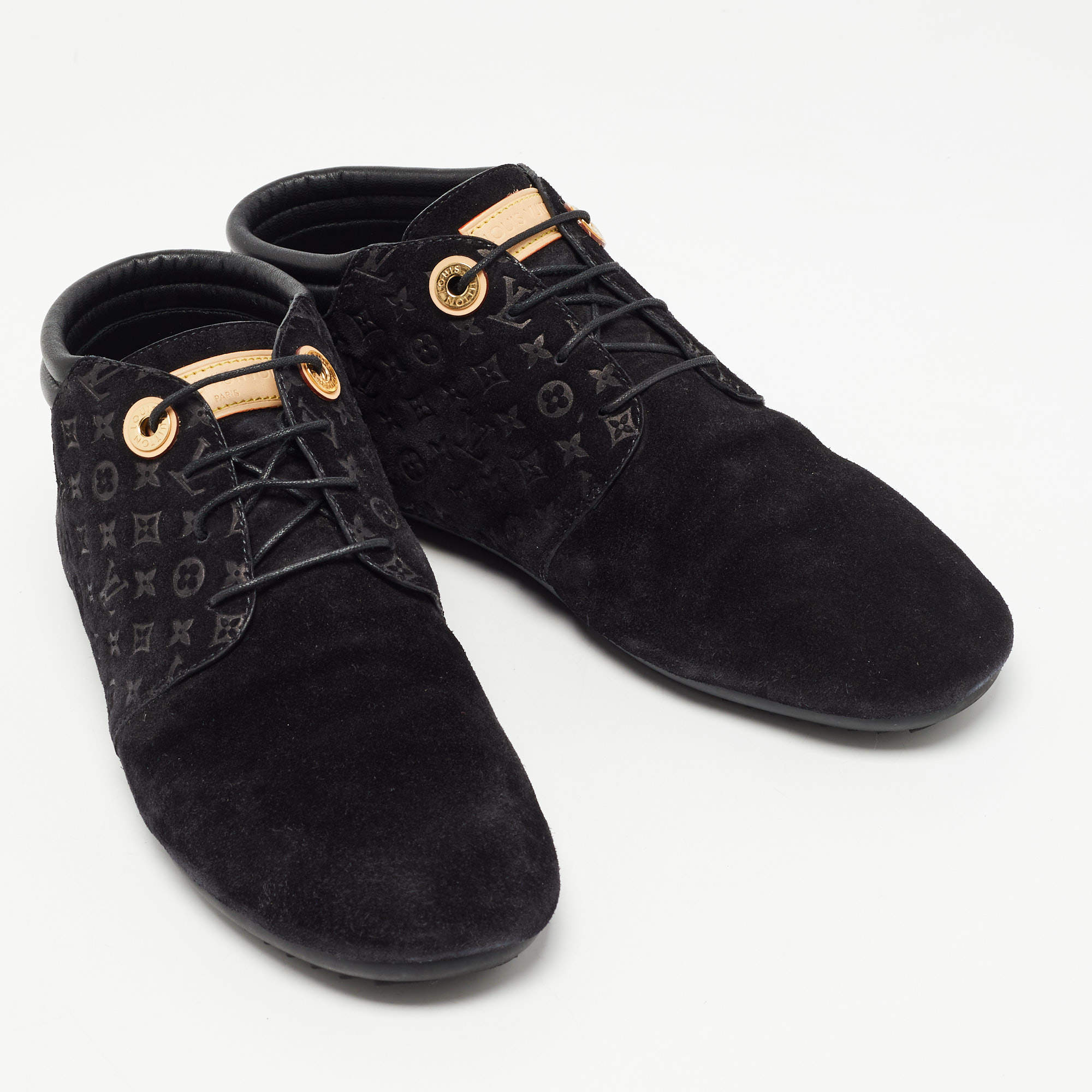 Louis Vuitton Black Monogram Suede Lace Up Sneakers Size 38 Louis Vuitton