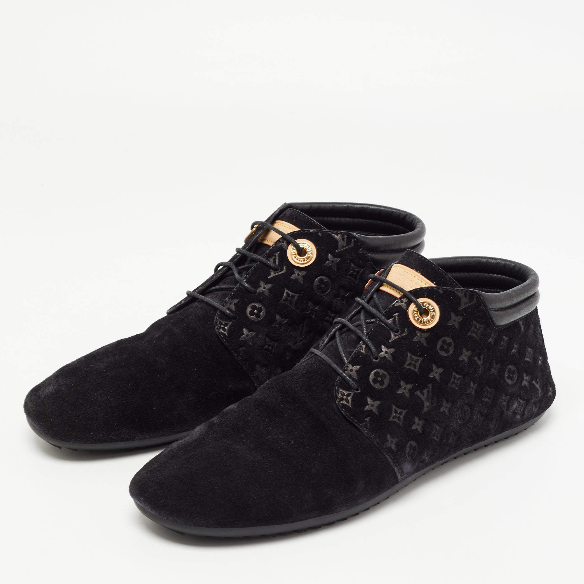 Louis Vuitton Black Monogram Suede Lace Up Sneakers Size 38 Louis Vuitton