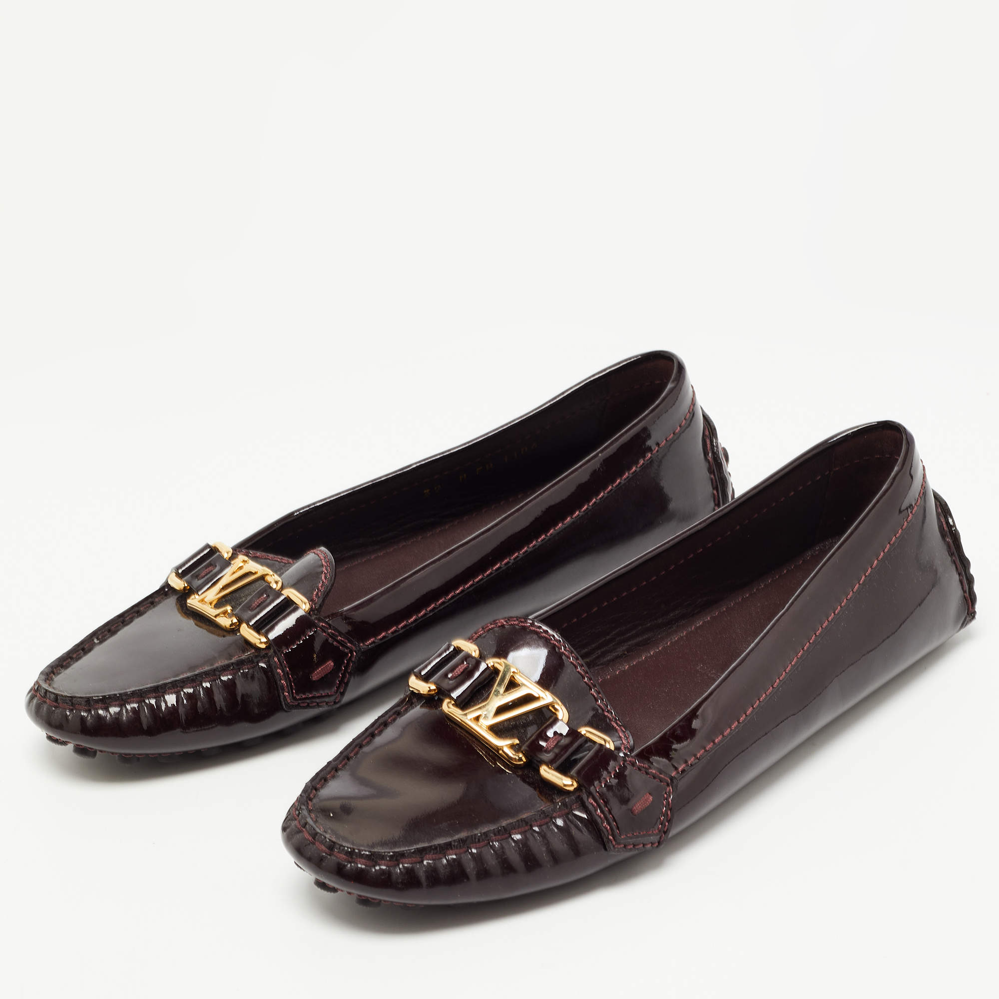 Louis Vuitton Brown Patent Leather Lv Monogram Loafers Flats Size: EU 39.5