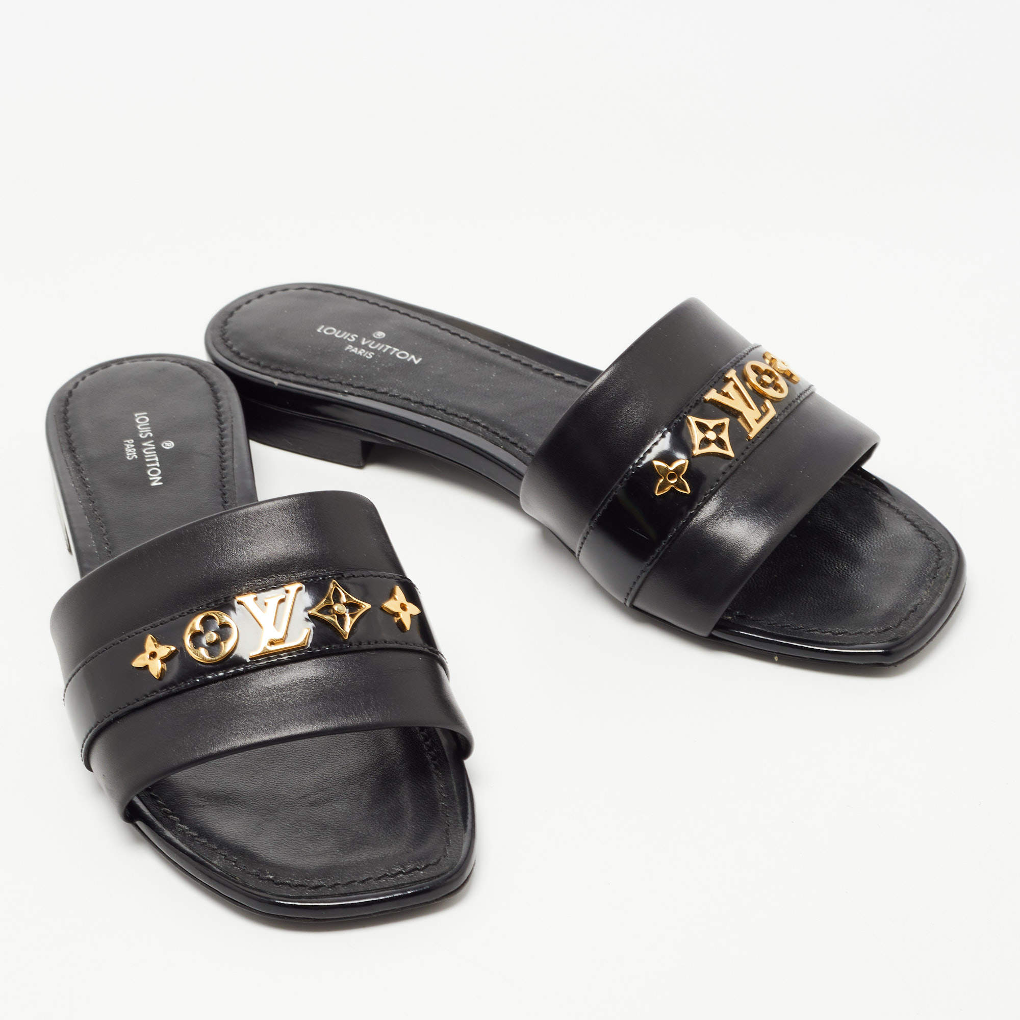 Louis Vuitton Black Leather Embellished Flat Slides Size 36 Louis