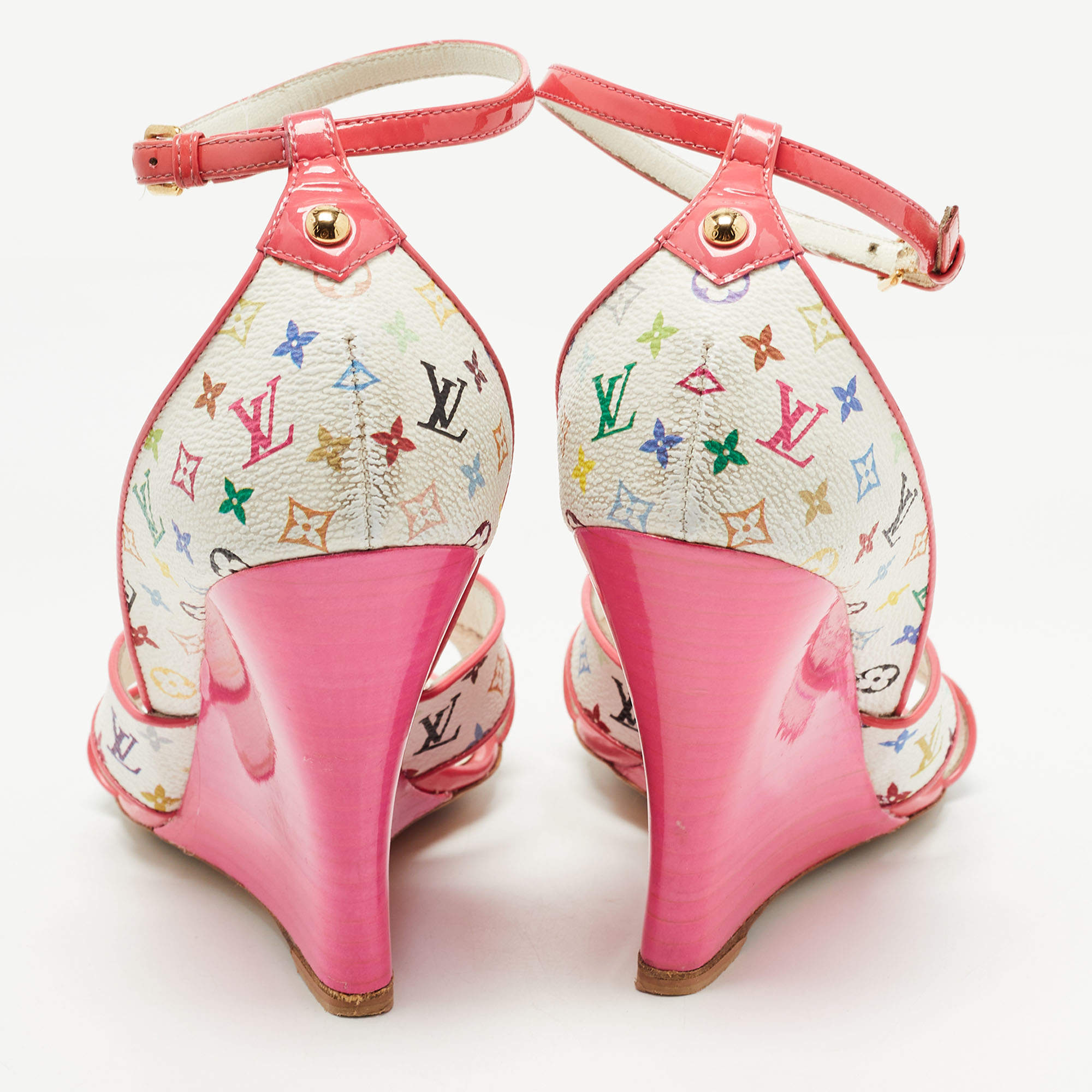 Louis Vuitton White/Pink Monogram Canvas and Patent Leather Ankle Strap  Wedge Sandals Size 39 Louis Vuitton