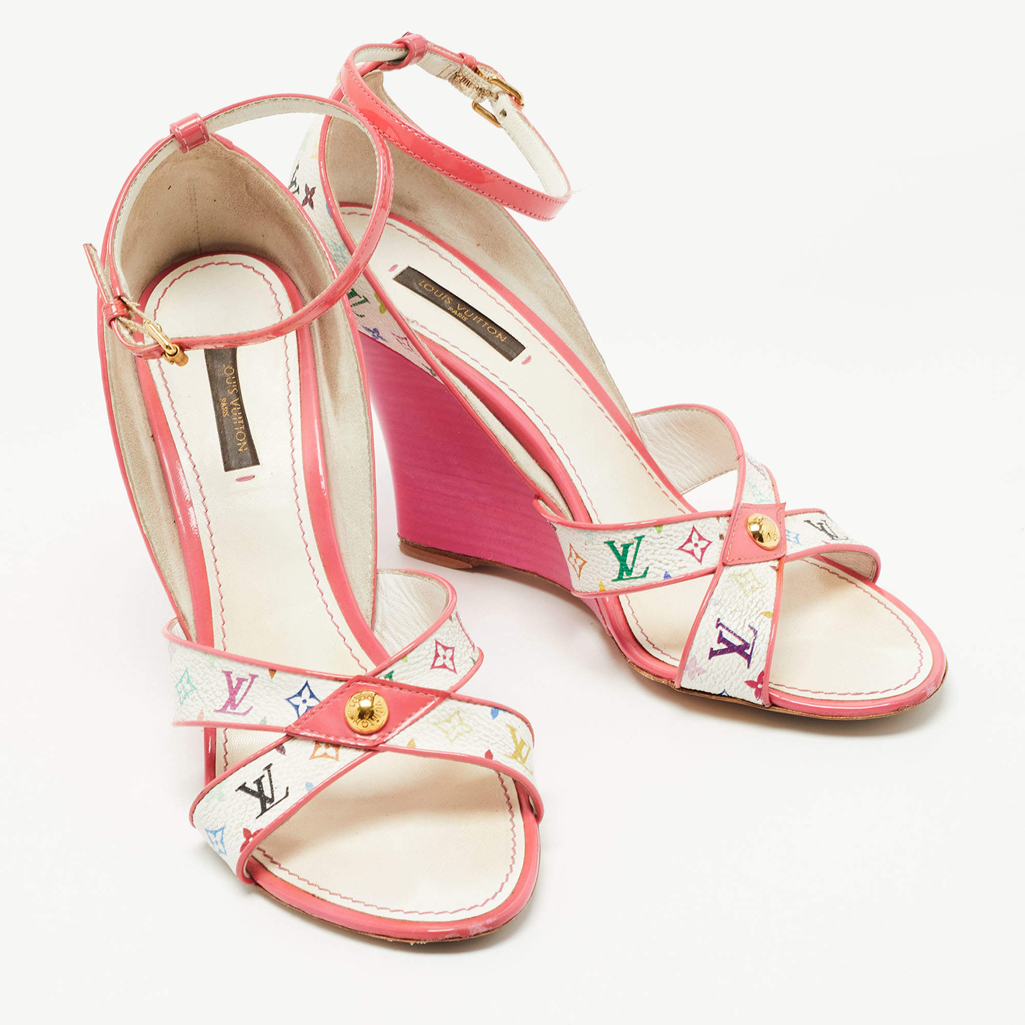 Louis Vuitton White/Pink Monogram Canvas and Patent Leather Ankle Strap  Wedge Sandals Size 39 Louis Vuitton