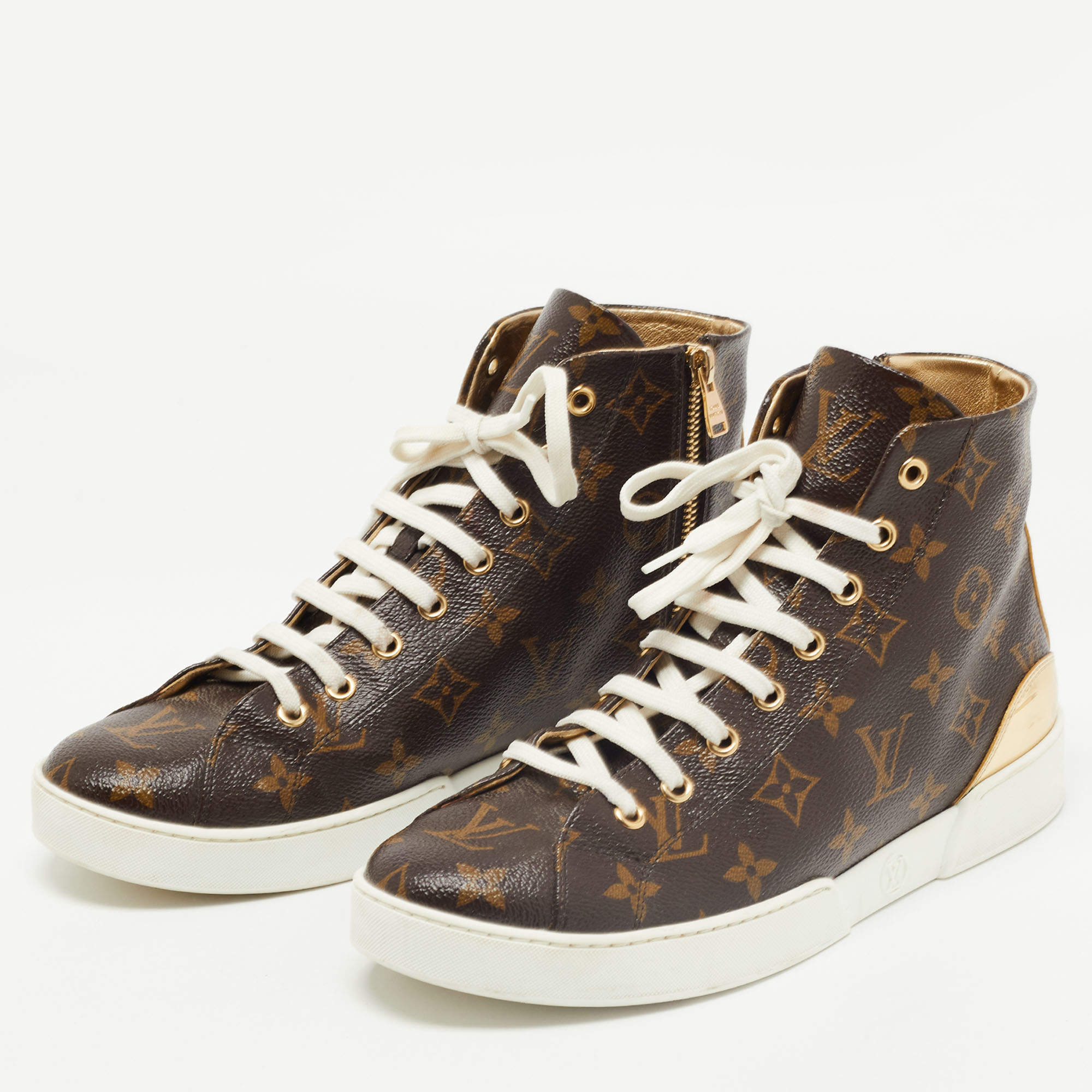Louis Vuitton Monogram Stellar Sneaker Boots with Gold Patent