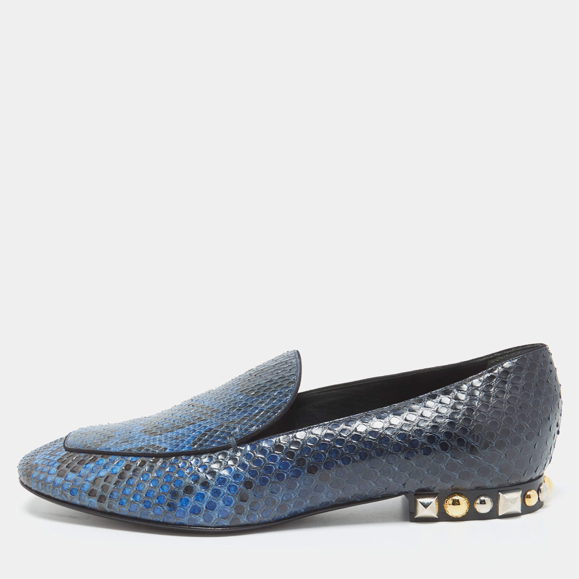 مملوكة مسبقًا Louis Vuitton Blue/Black Python Studded Heel Loafers Size 38