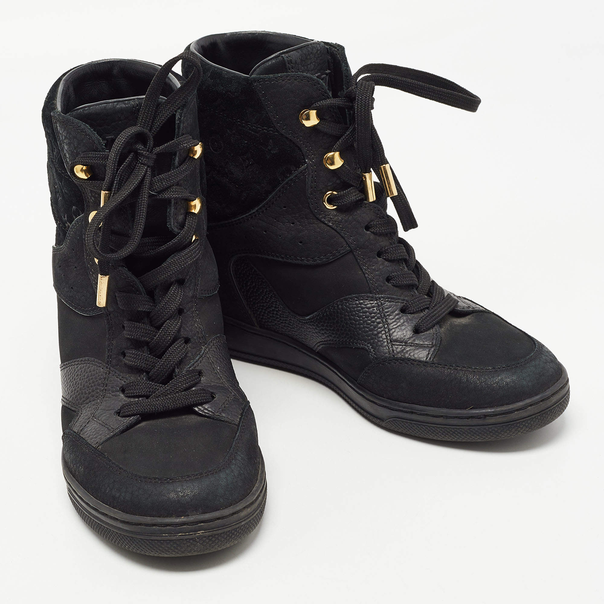 Louis Vuitton Black Monogram Nubuck Suede Cliff Wedge Sneakers