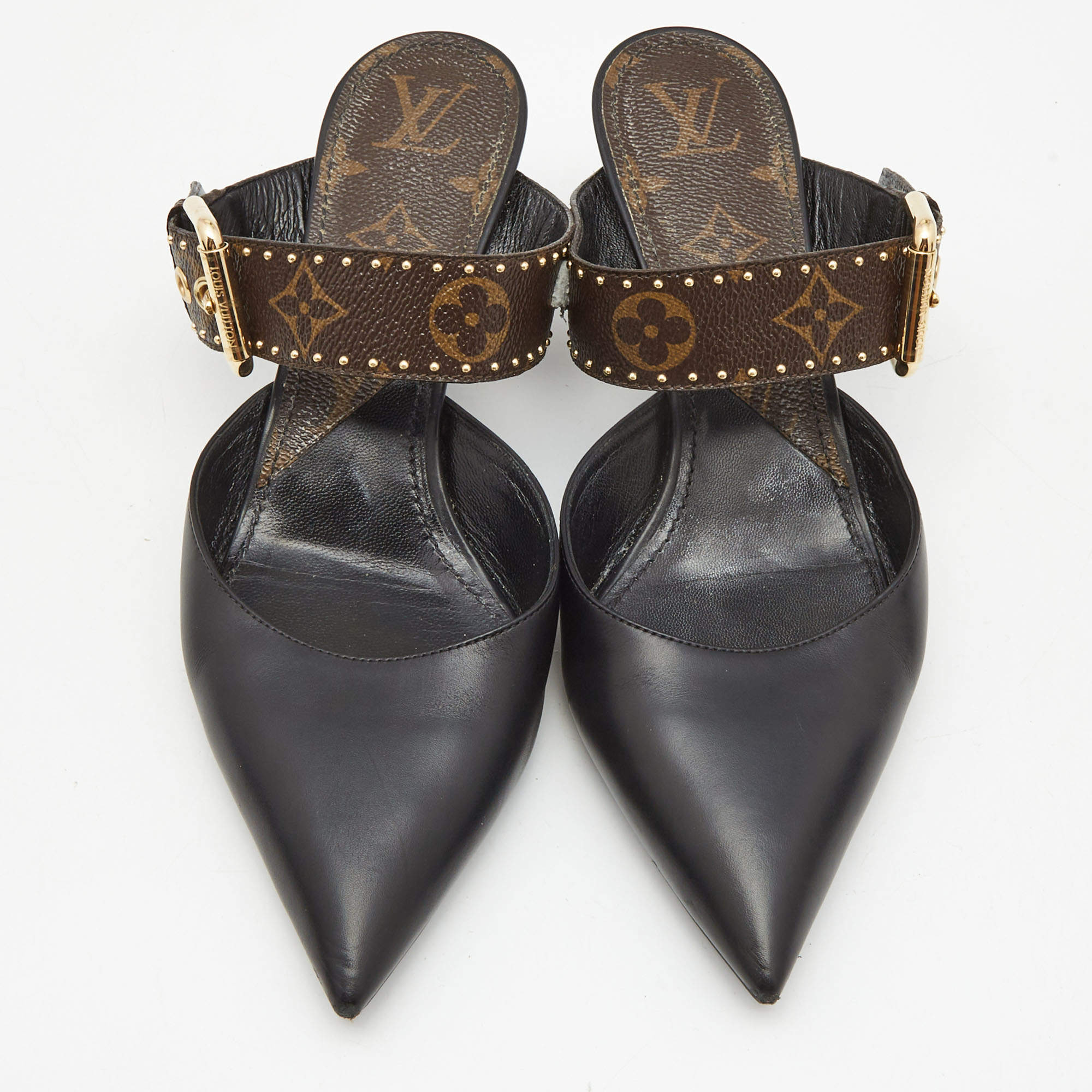 Louis Vuitton Black/Brown Leather and Studded Monogram Canvas Pointed Toe  Mules Size 39 Louis Vuitton