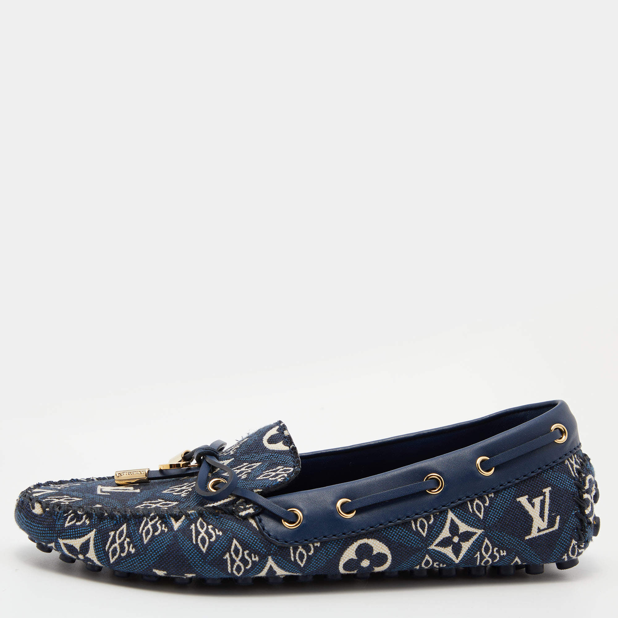 Pre Owned Louis Vuitton Blue Monogram Canvas and Leather 1854 Gloria Loafers Size 36