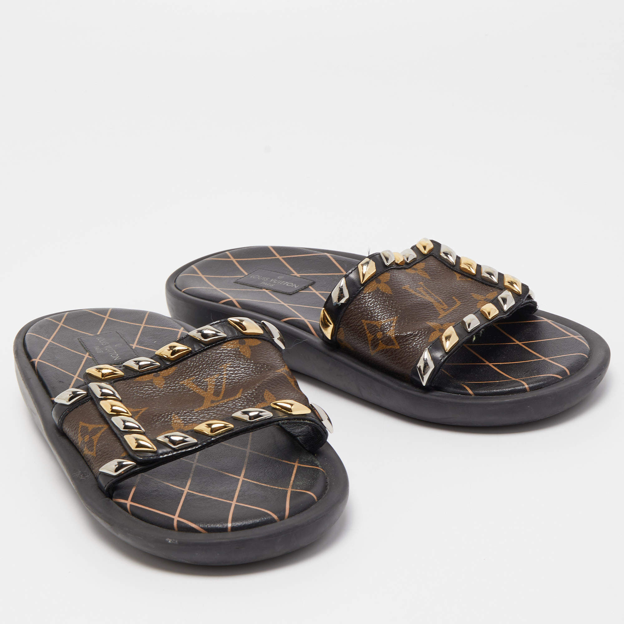 Louis Vuitton Monogram Canvas and Studded Leather Eldorado Slides