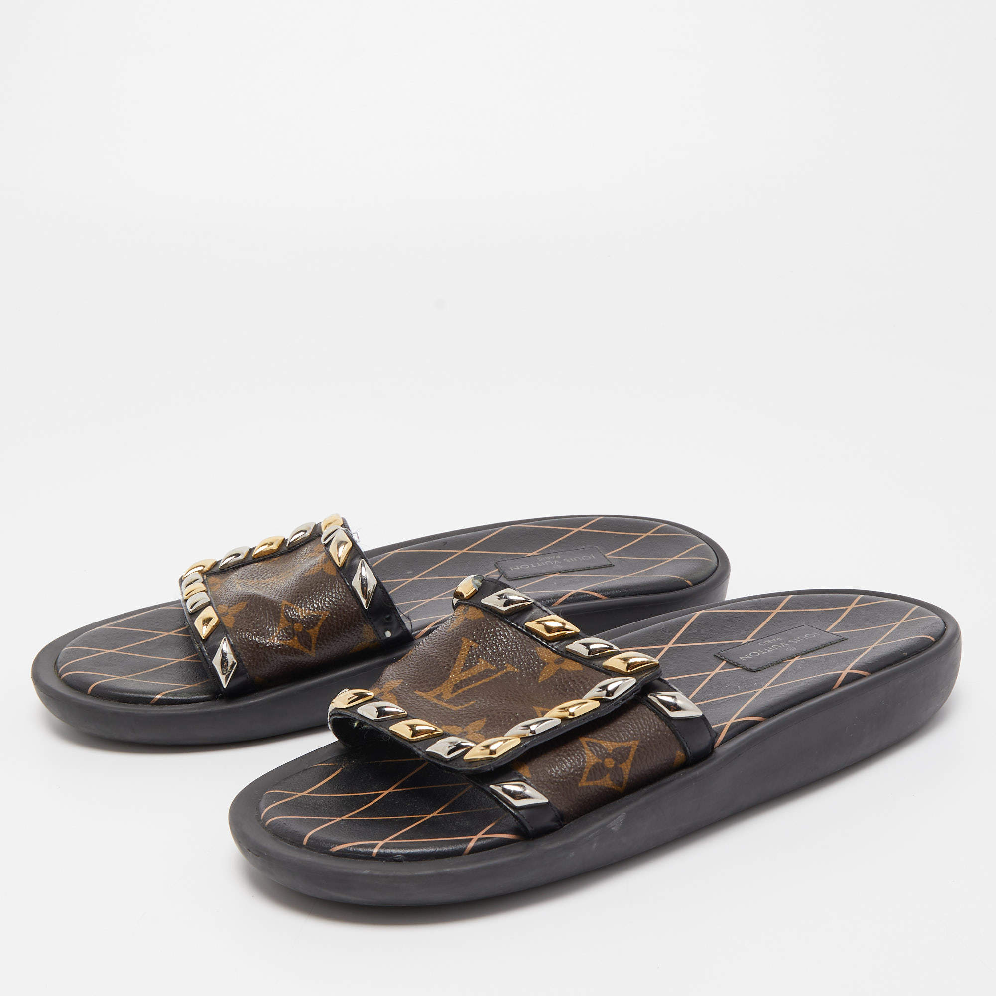 Louis Vuitton Monogram Canvas and Studded Leather Eldorado Slides