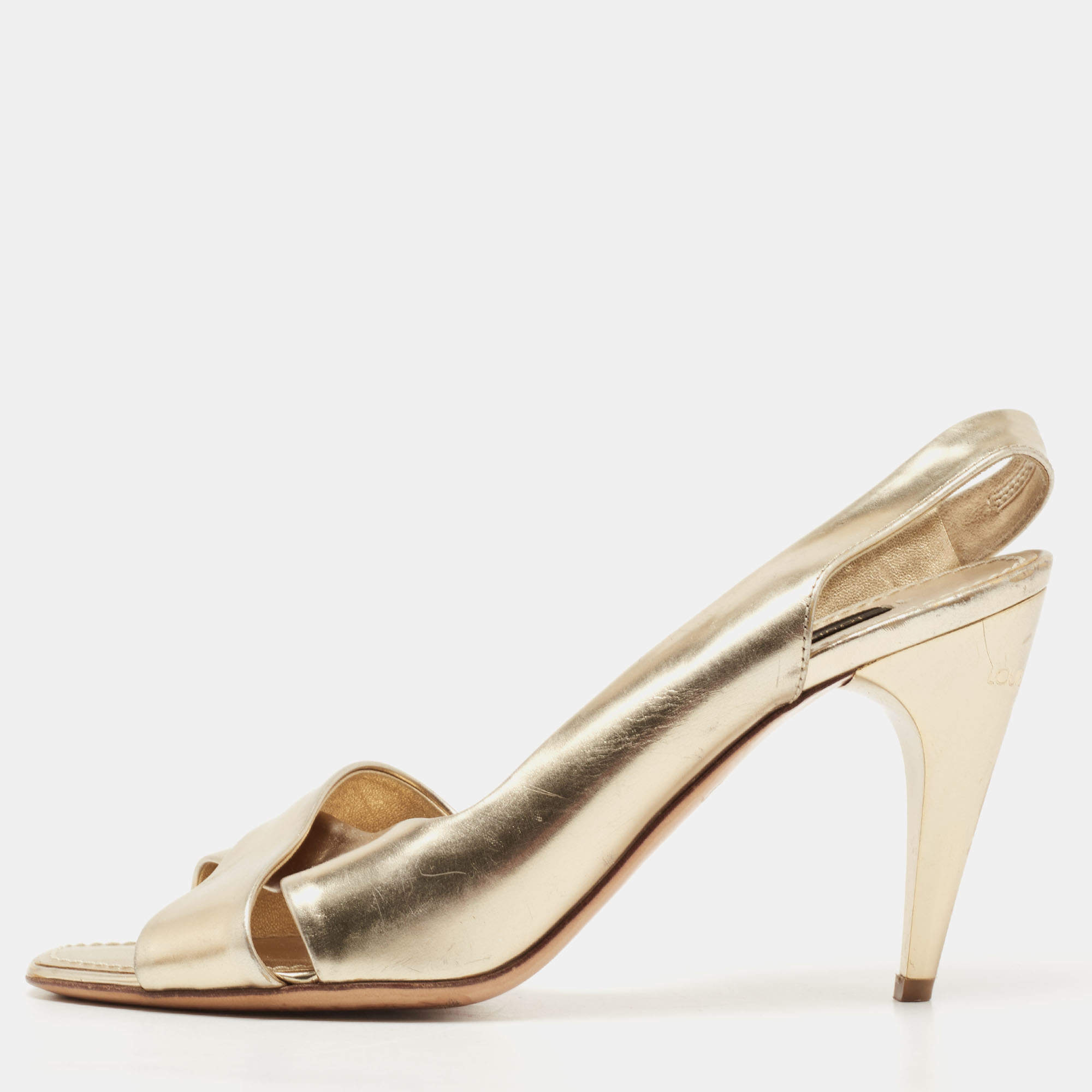 Pre Owned Louis Vuitton Gold Leather Slingback Sandals Size 36.5