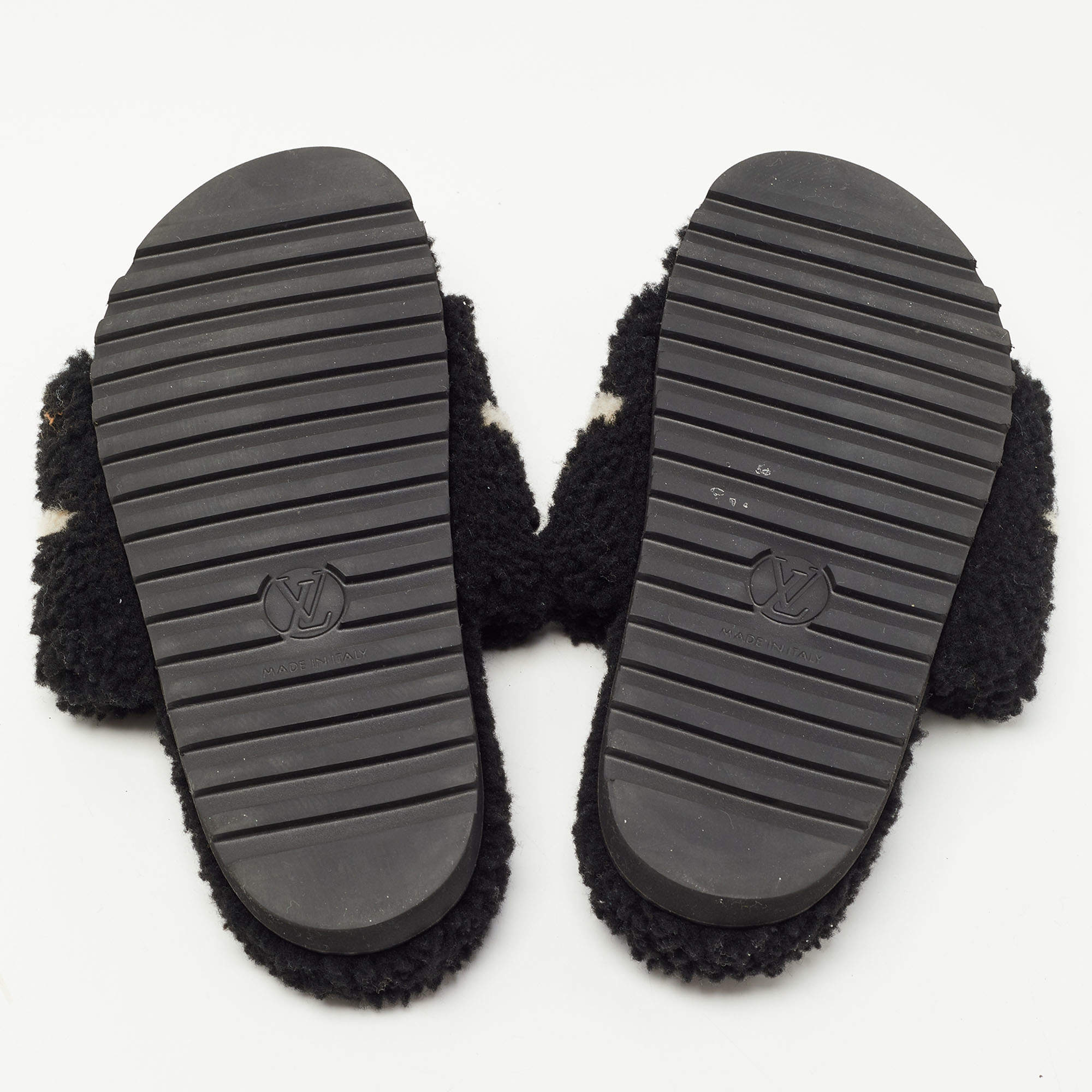 Louis Vuitton Black/White Shearing Fur Slide Flats Size 38 - ShopStyle