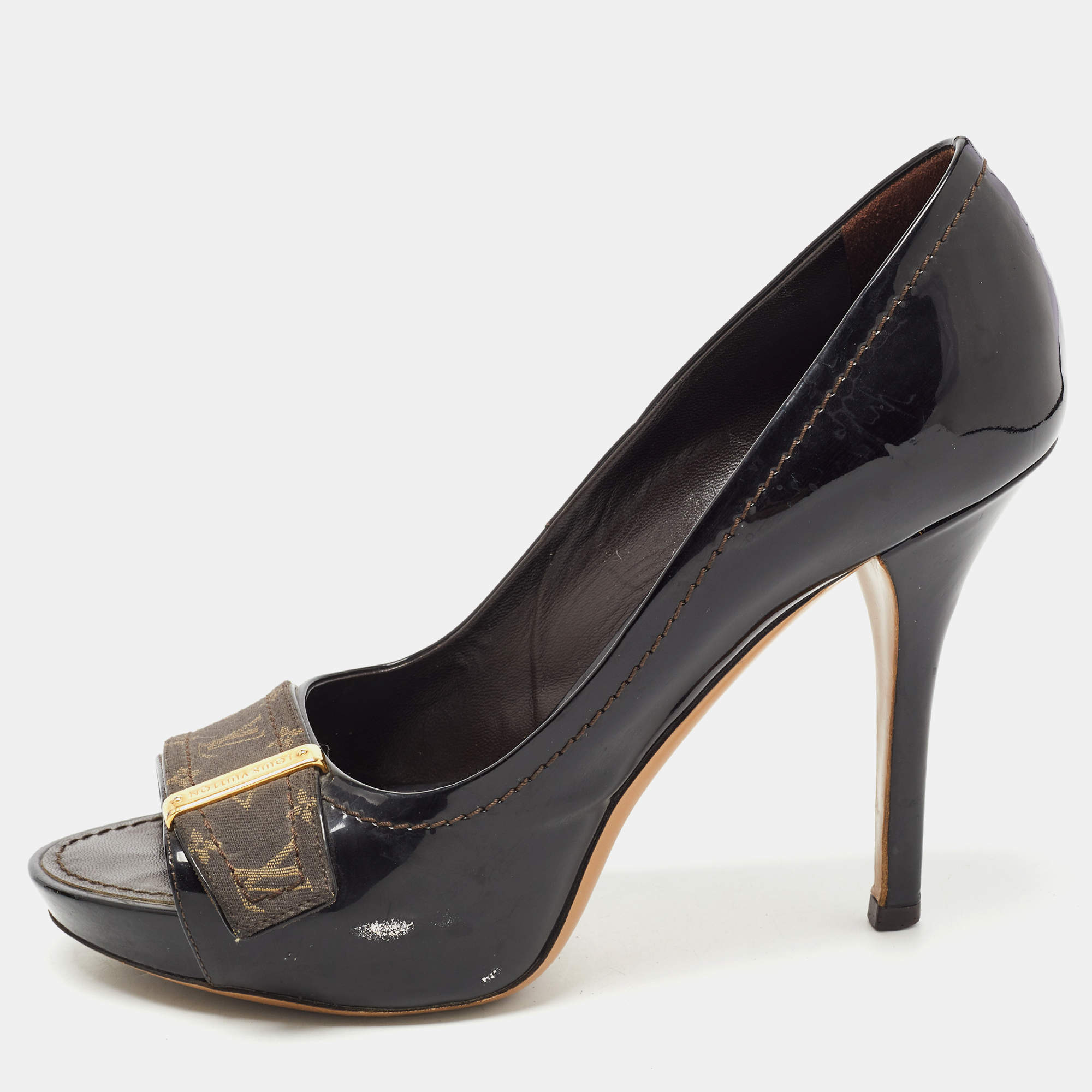 Pre Owned Louis Vuitton Dark Brown Patent Leather and Monogram Canvas Open Toe Pumps Size 36