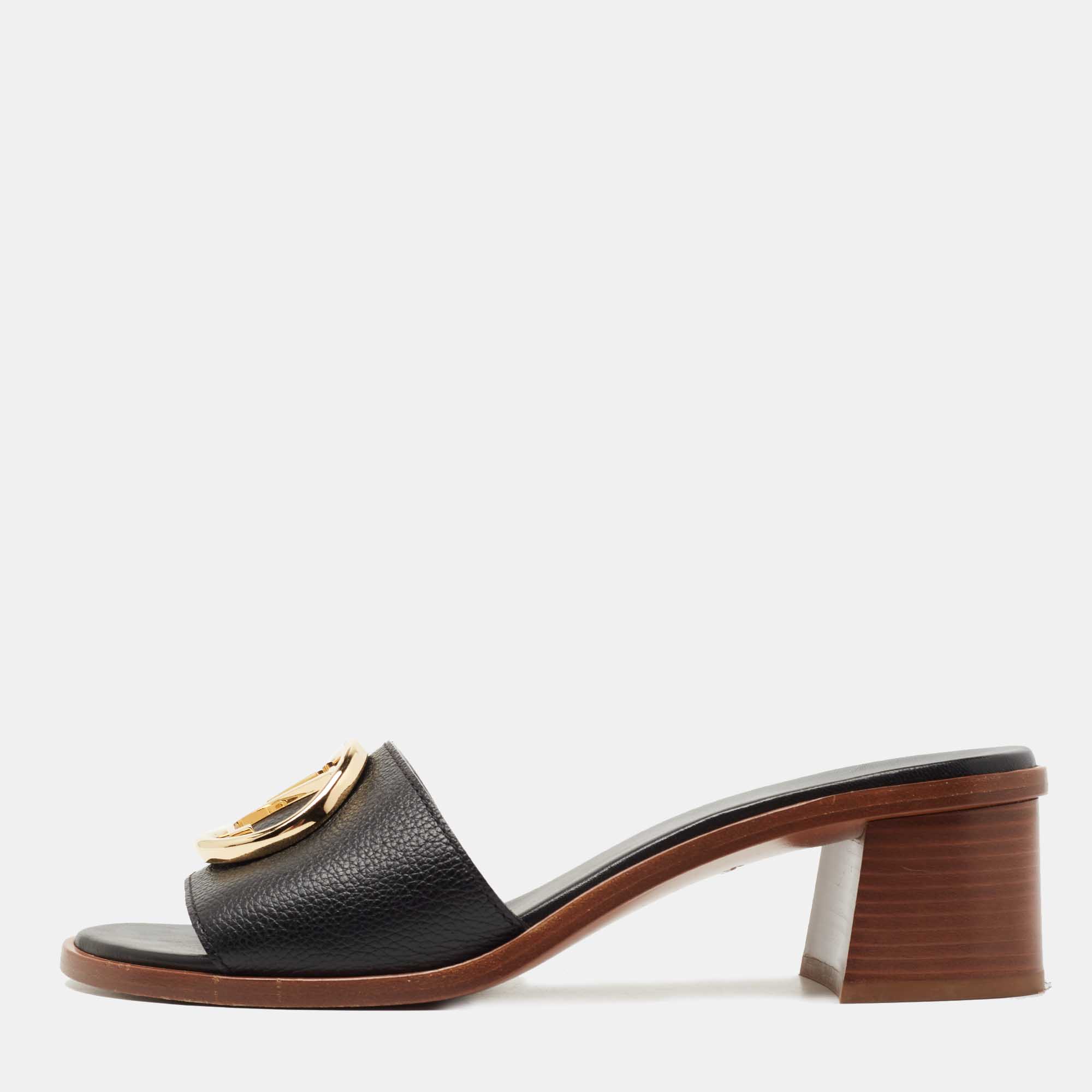 Louis Vuitton Black Leather Lock It Slide Sandals Size 40