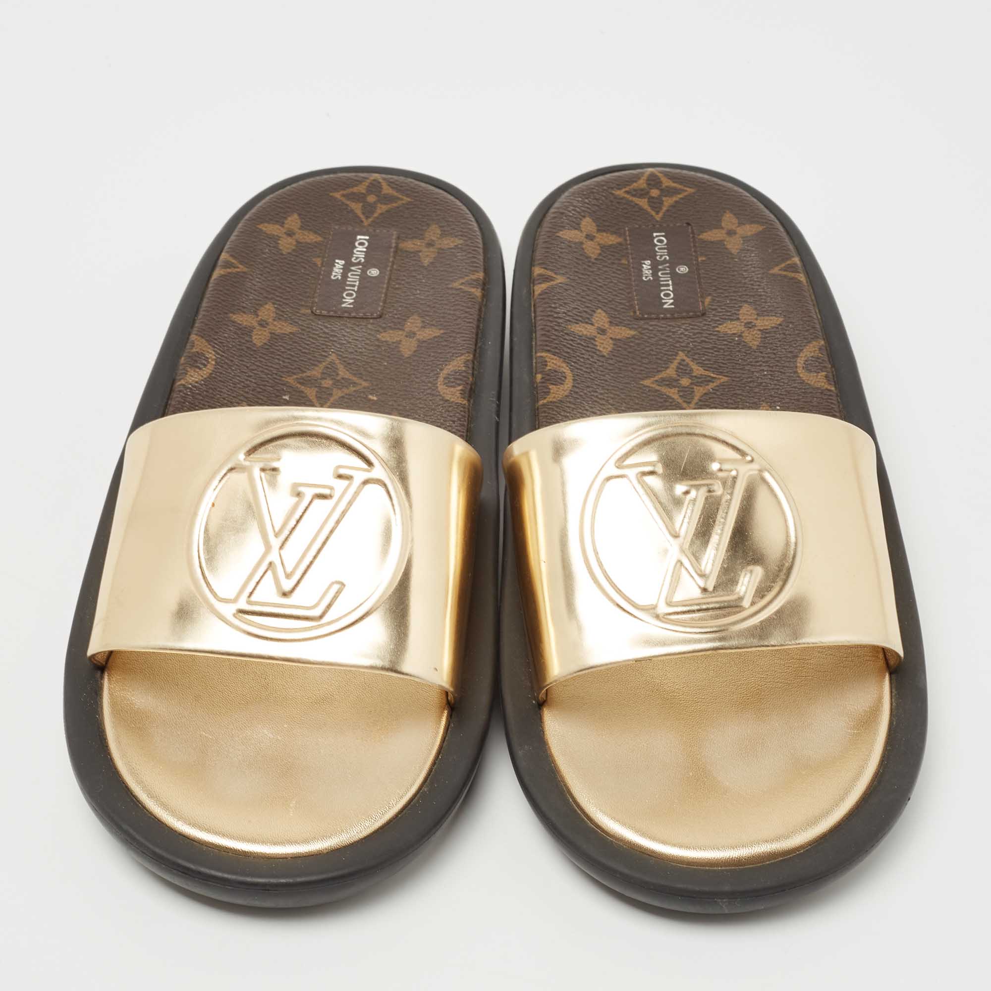 Louis Vuitton Gold Leather And Monogram Canvas Sunbath Flat Slides