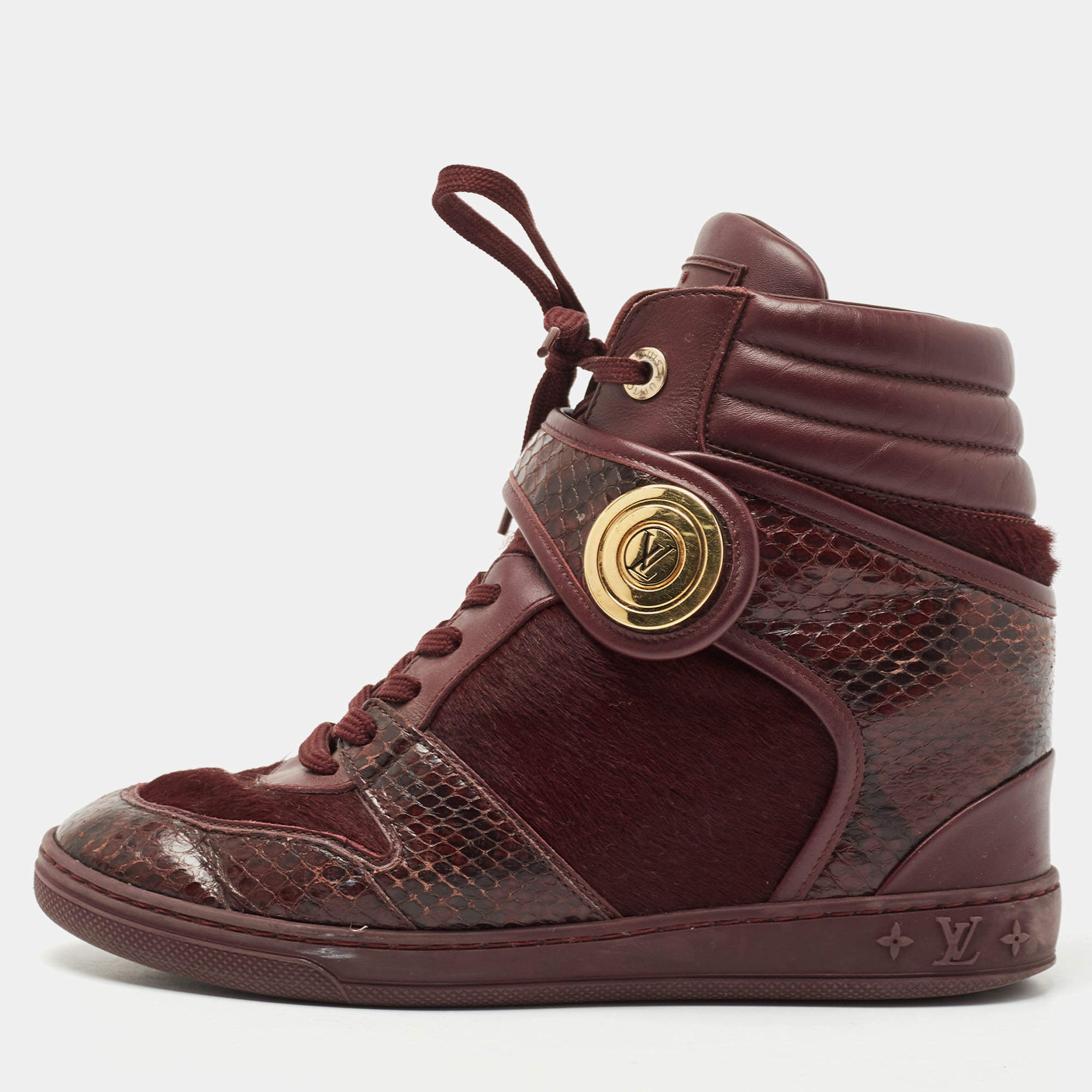 Louis Vuitton Burgundy Calf Hair and Python Leather High Top Sneakers Size 37.5 Louis | TLC
