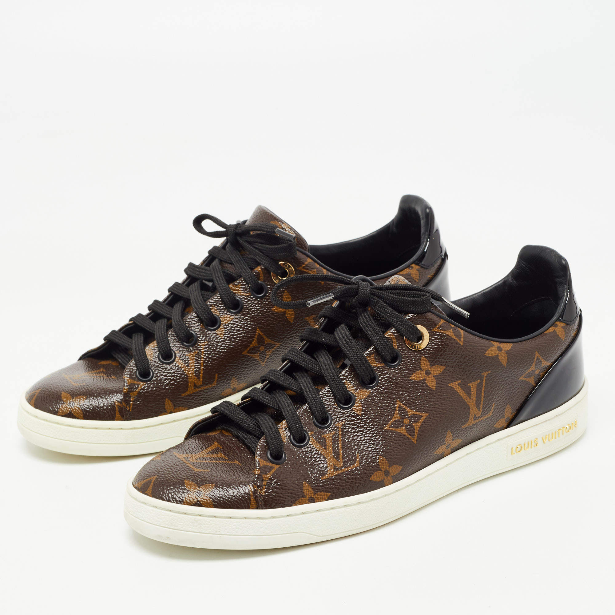 Louis Vuitton White/Brown Monogram Canvas and Leather Studded Frontrow  Sneakers Size 38