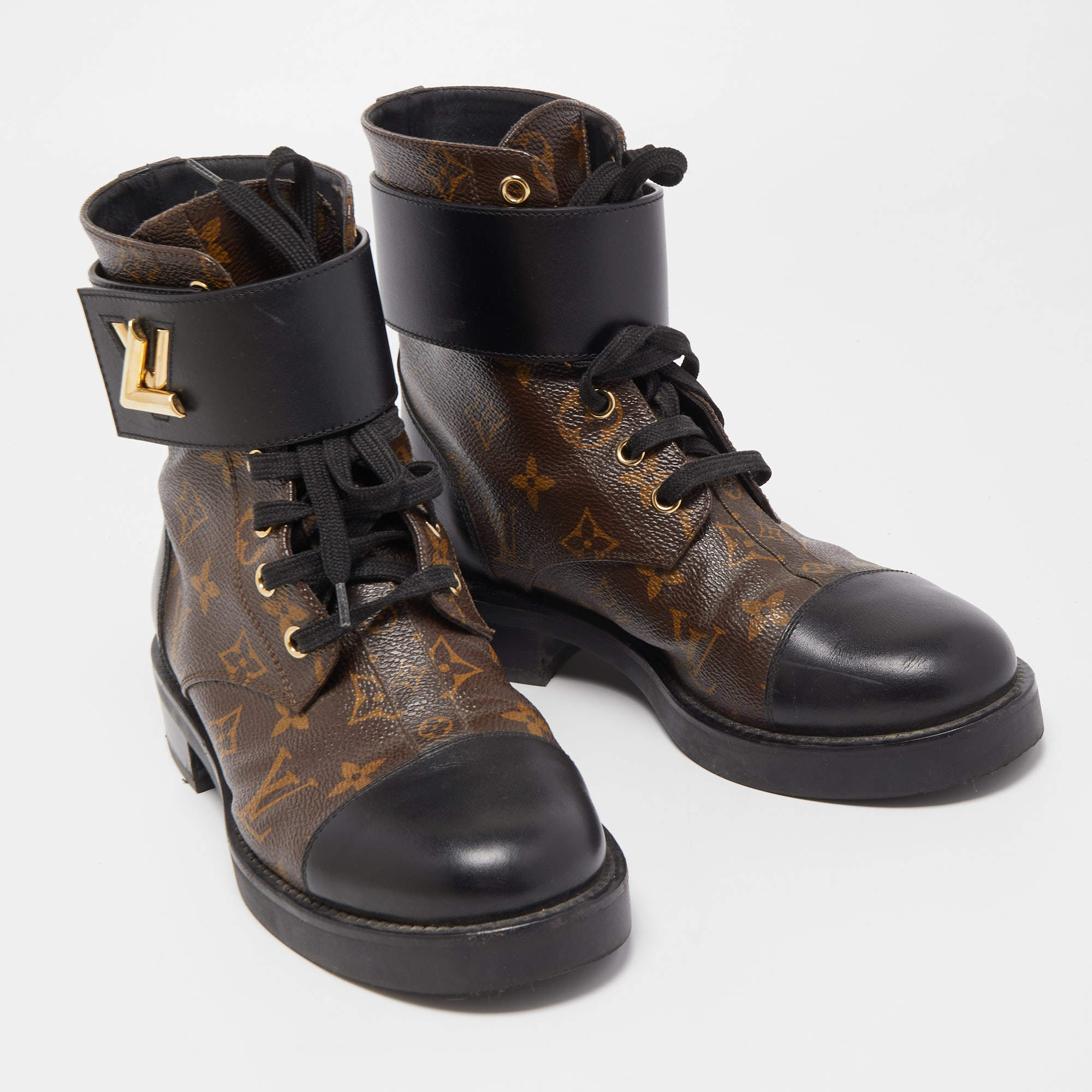 Louis Vuitton Black/Brown Leather And Monogram Canvas Wonderland Ranger Combat  Boots Size 39.5 Louis Vuitton