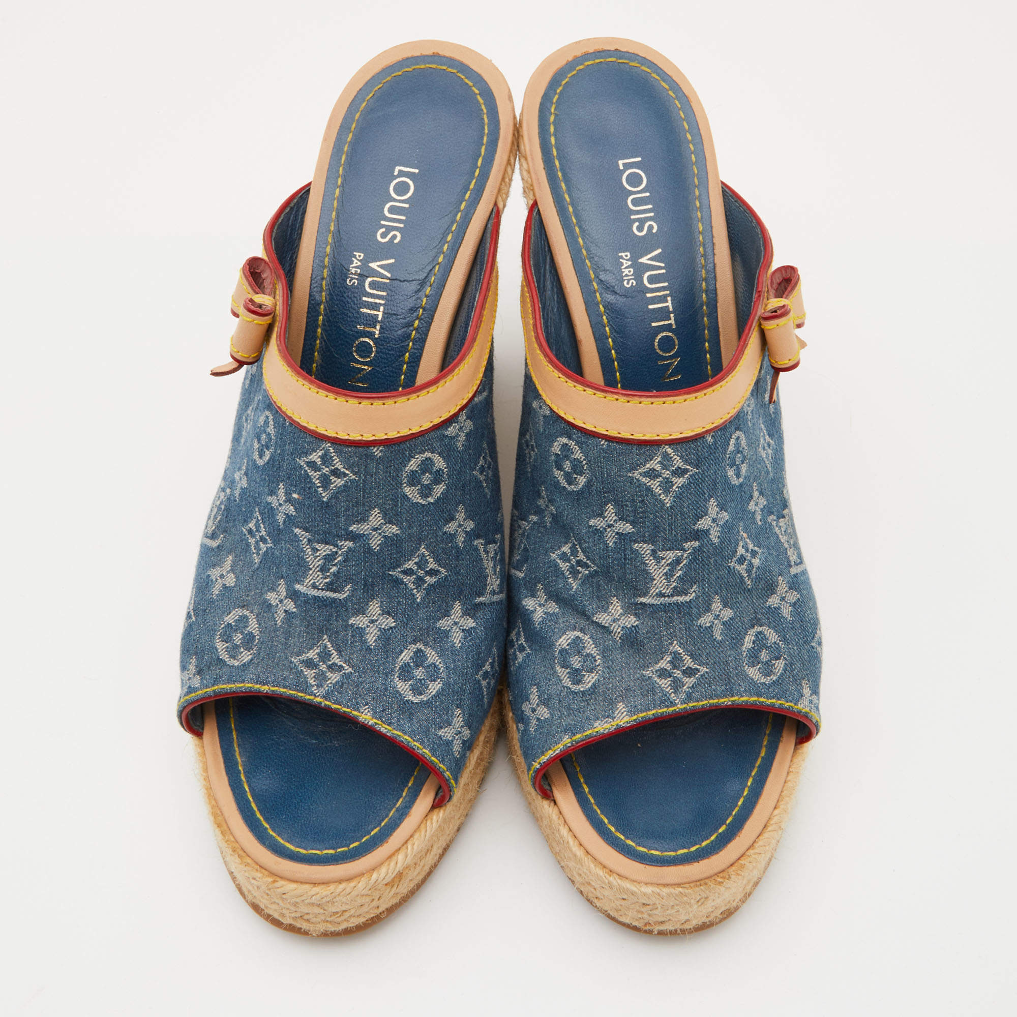 Louis Vuitton Blue/Beige Monogram Denim and Leather Espadrille Slingback  Wedge For Sale at 1stDibs