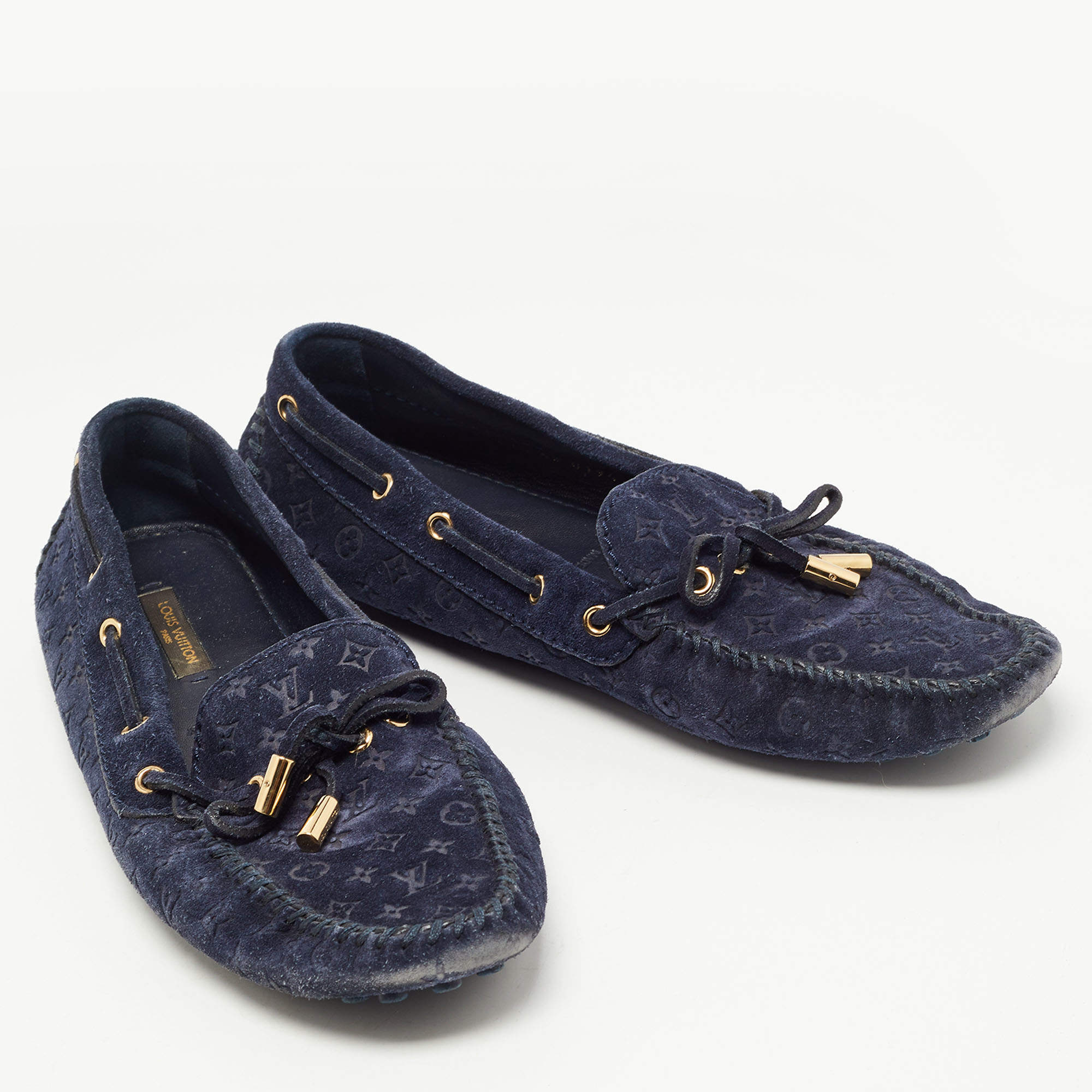Louis Vuitton Navy Blue Monogram Embossed Suede Gloria Loafers Size 37.5  Louis Vuitton | The Luxury Closet