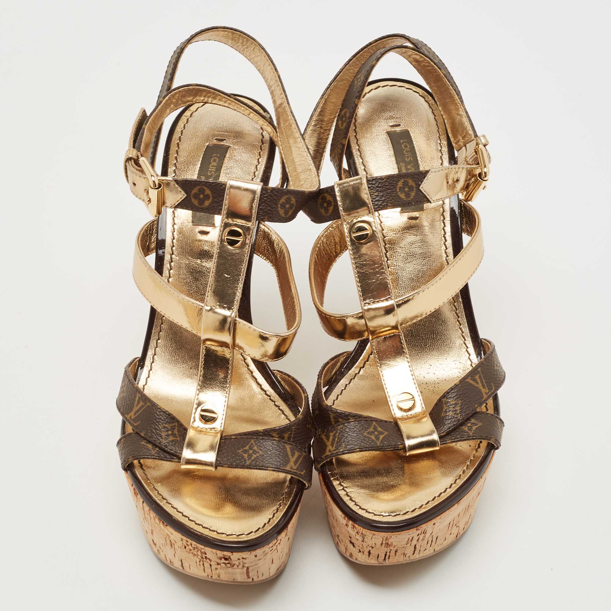 Louis Vuitton Gold/Brown Leather and Monogram Canvas Cork Wedge Strappy  Sandals Size 38.5 Louis Vuitton