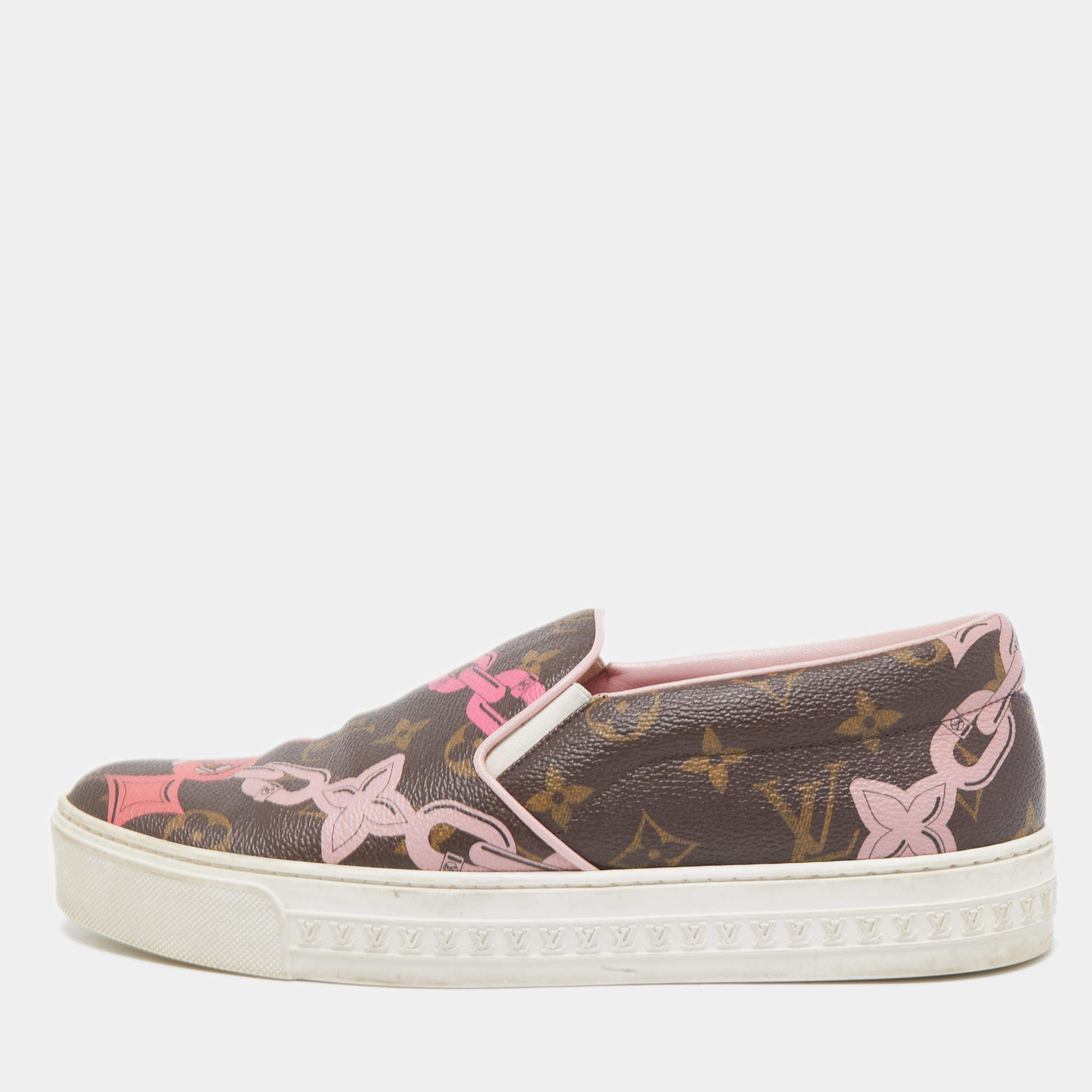 Louis Vuitton Brown Chain Print Monogram Canvas Harbor Sneakers Size 38.5