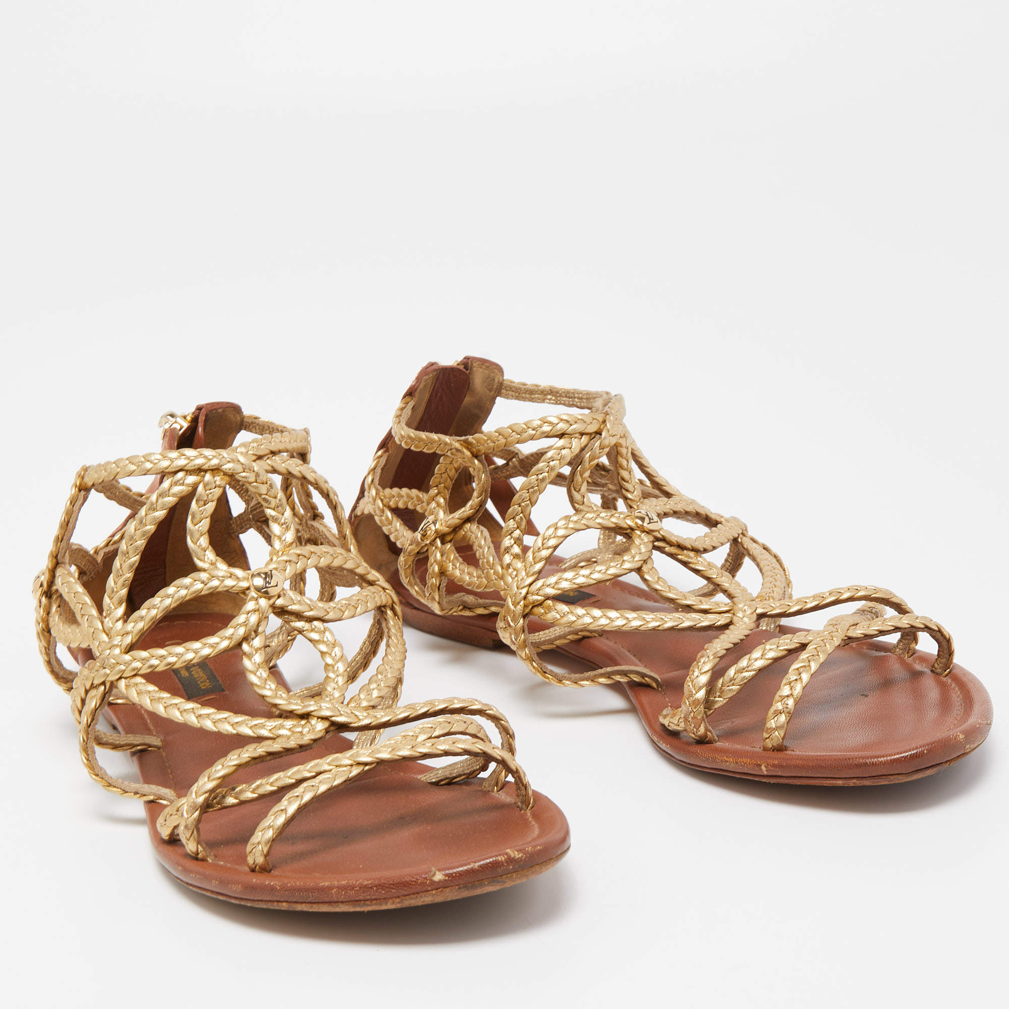 Pre-owned Louis Vuitton Gold Braided Leather Strappy Flat Sandals