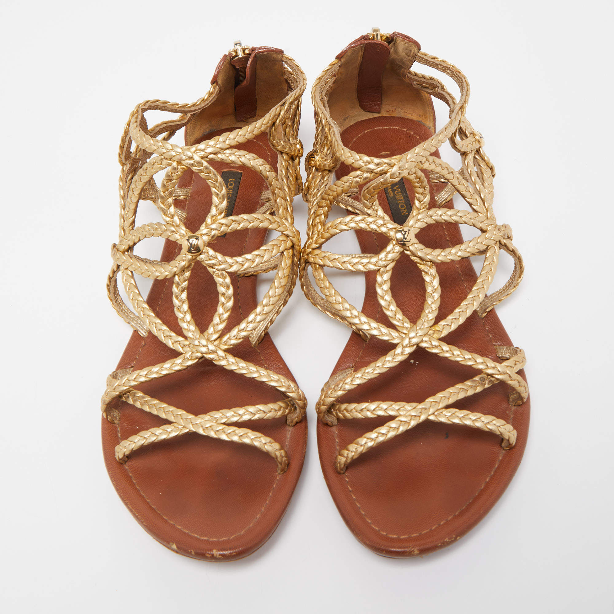Louis Vuitton Gold Braided Leather Strappy Flat Sandals Size 37 Louis  Vuitton