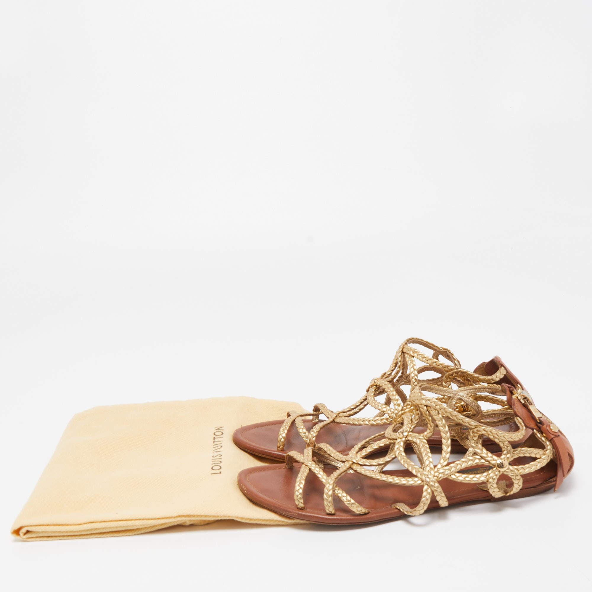 Louis Vuitton Gold Braided Leather Strappy Flat Sandals Size 37 Louis  Vuitton