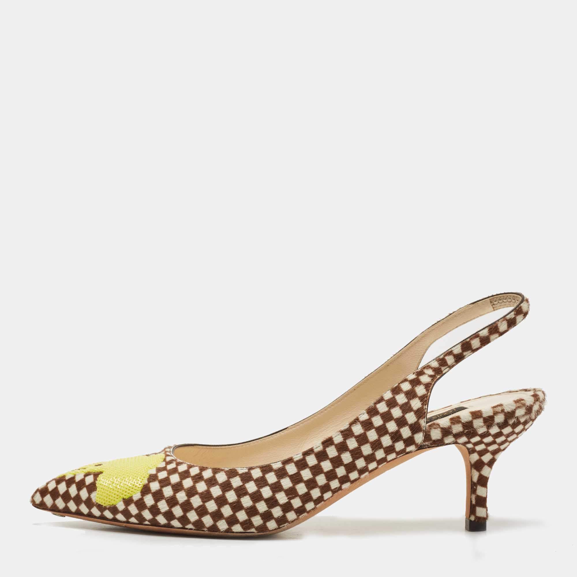 Pre Owned Louis Vuitton White/Brown Pony Hair Embellished Slingback Pumps Size 37