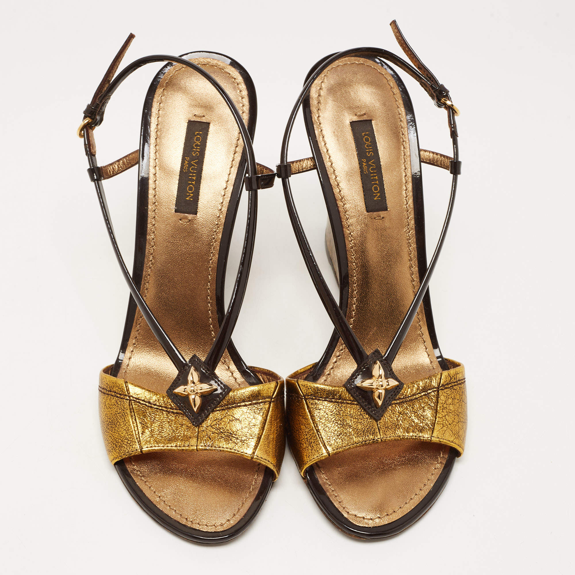 Louis Vuitton Metallic/Brown Leather and Patent Slingback Wedge Sandals  Size 37 Louis Vuitton | The Luxury Closet