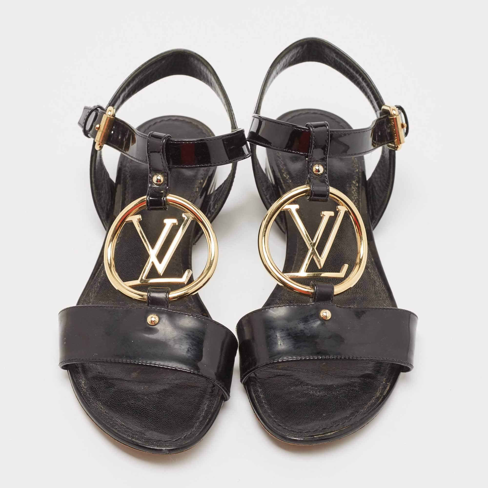 Pre-owned Louis Vuitton Black Patent Leather Logo Ankle Strap Flat Sandals  Size 36