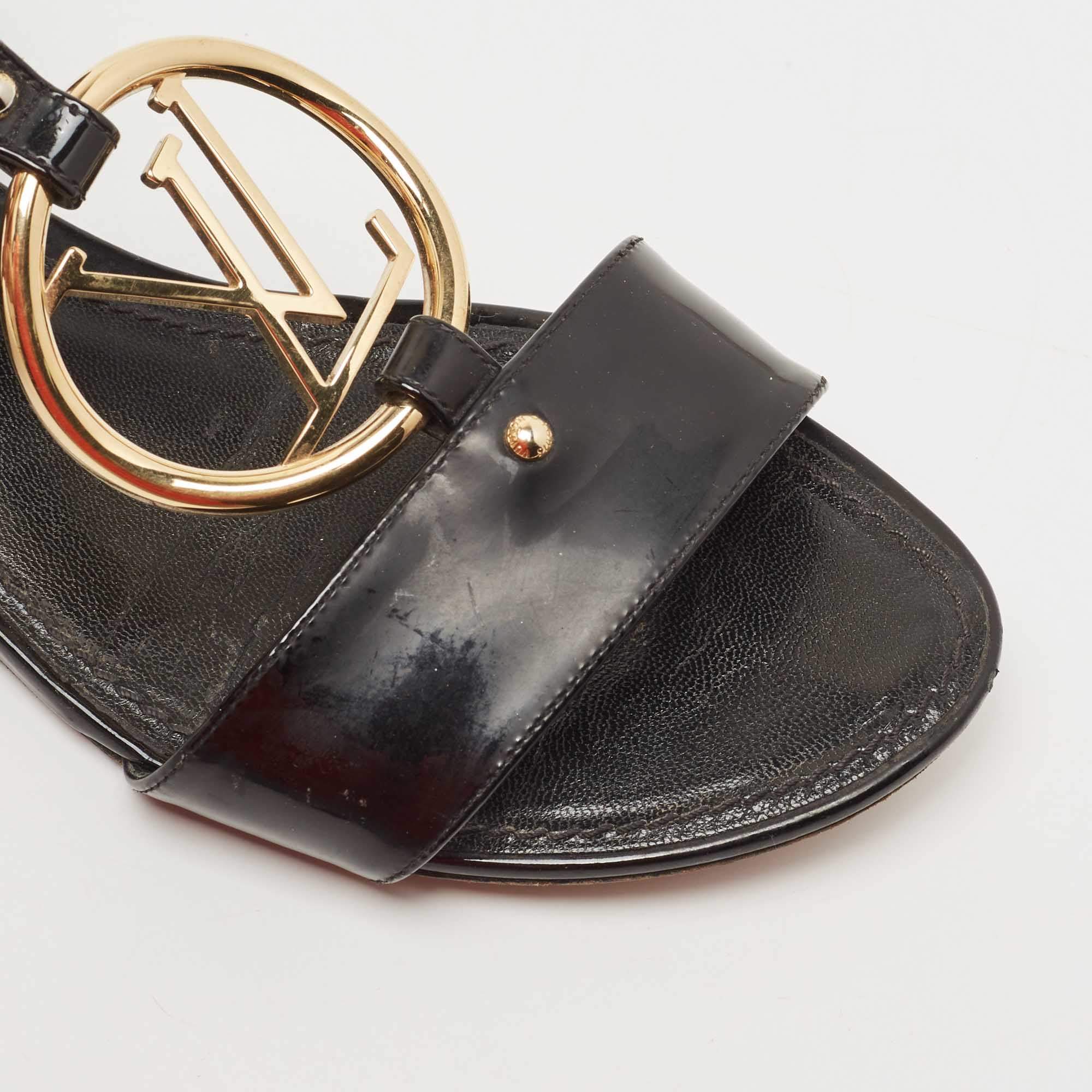 Louis Vuitton Black Patent Leather Logo Ankle Strap Flat Sandals Size 36