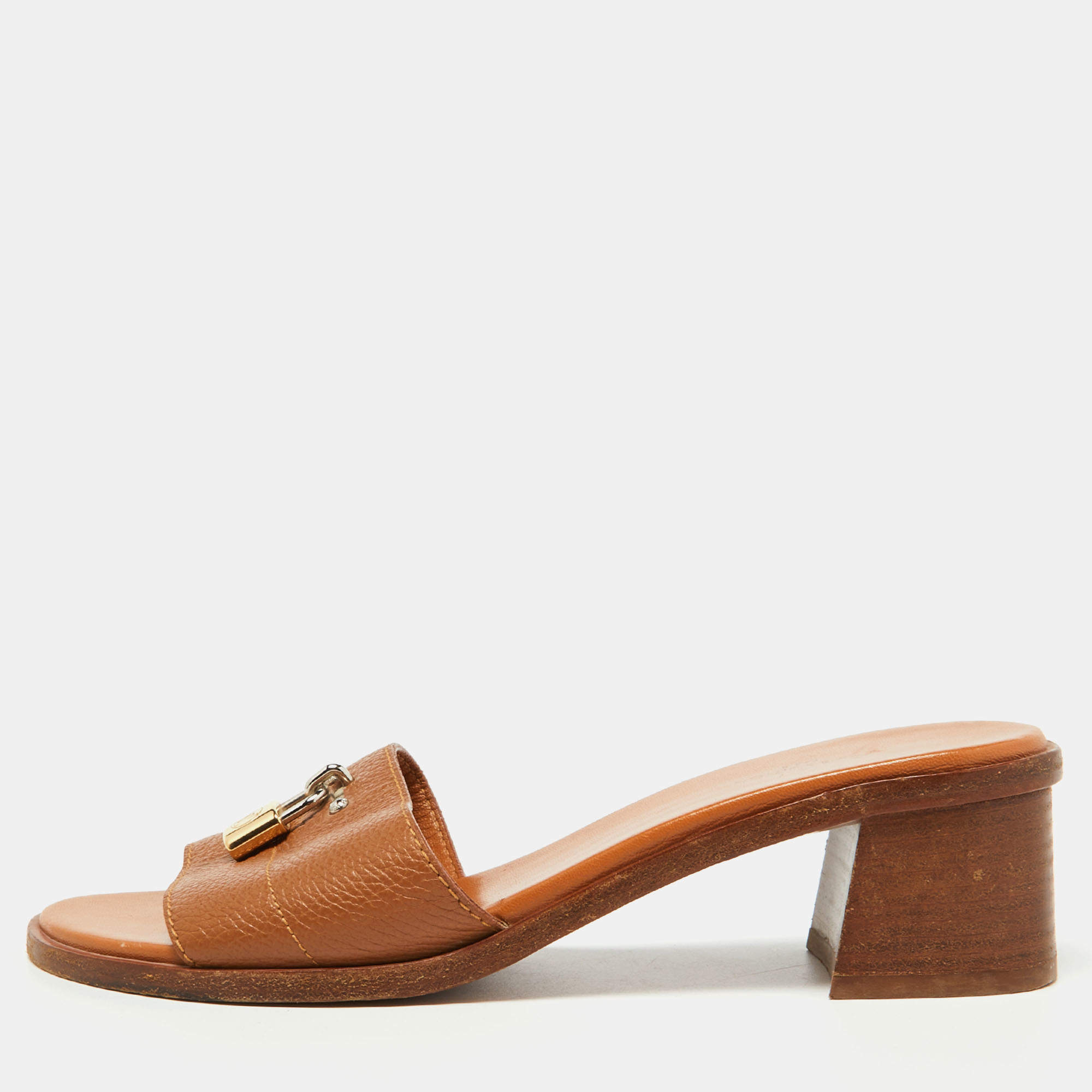 Louis Vuitton Brown Leather Lock It Slide Sandals Size 38