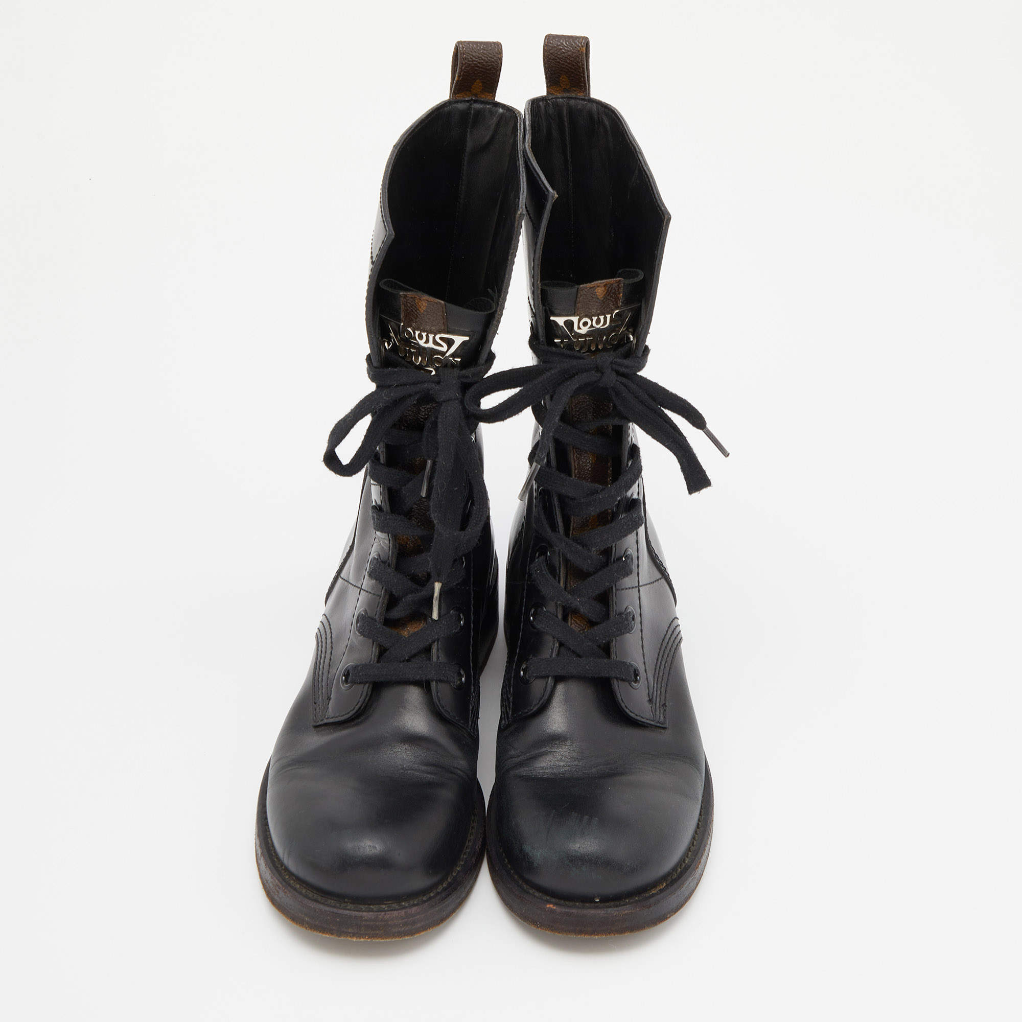 Louis Vuitton Black Leather and Monogram Canvas Lace Up Ankle Boots Size 38