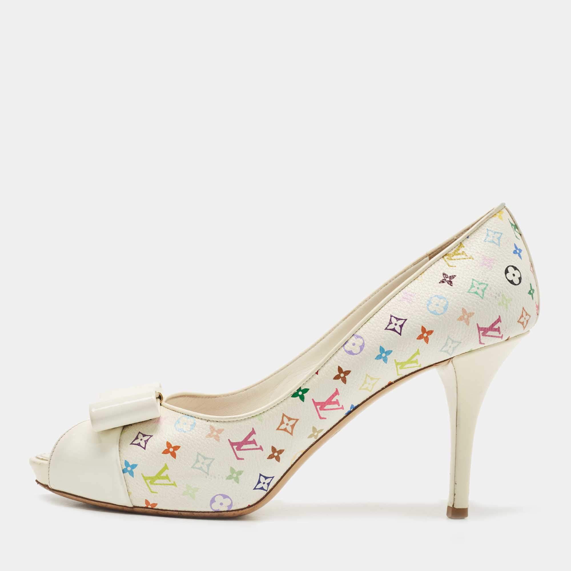 Pre Owned Louis Vuitton White Monogram Canvas and Patent Leather Bow Peep Toe Pumps Size 38.5