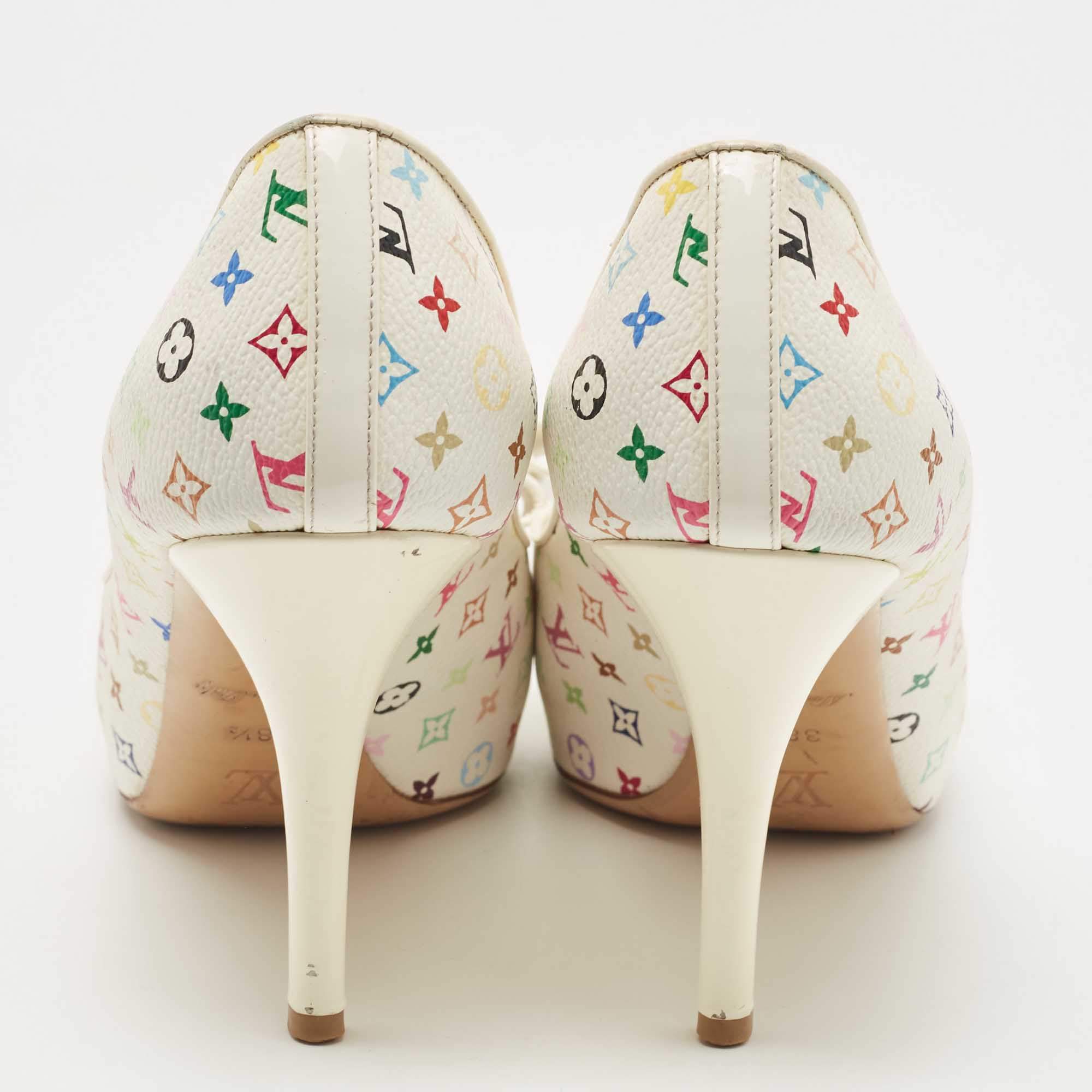 Louis Vuitton White Multicolor Monogram Canvas And Patent Leather Bow Peep  Toe Pumps Size 38 Louis Vuitton