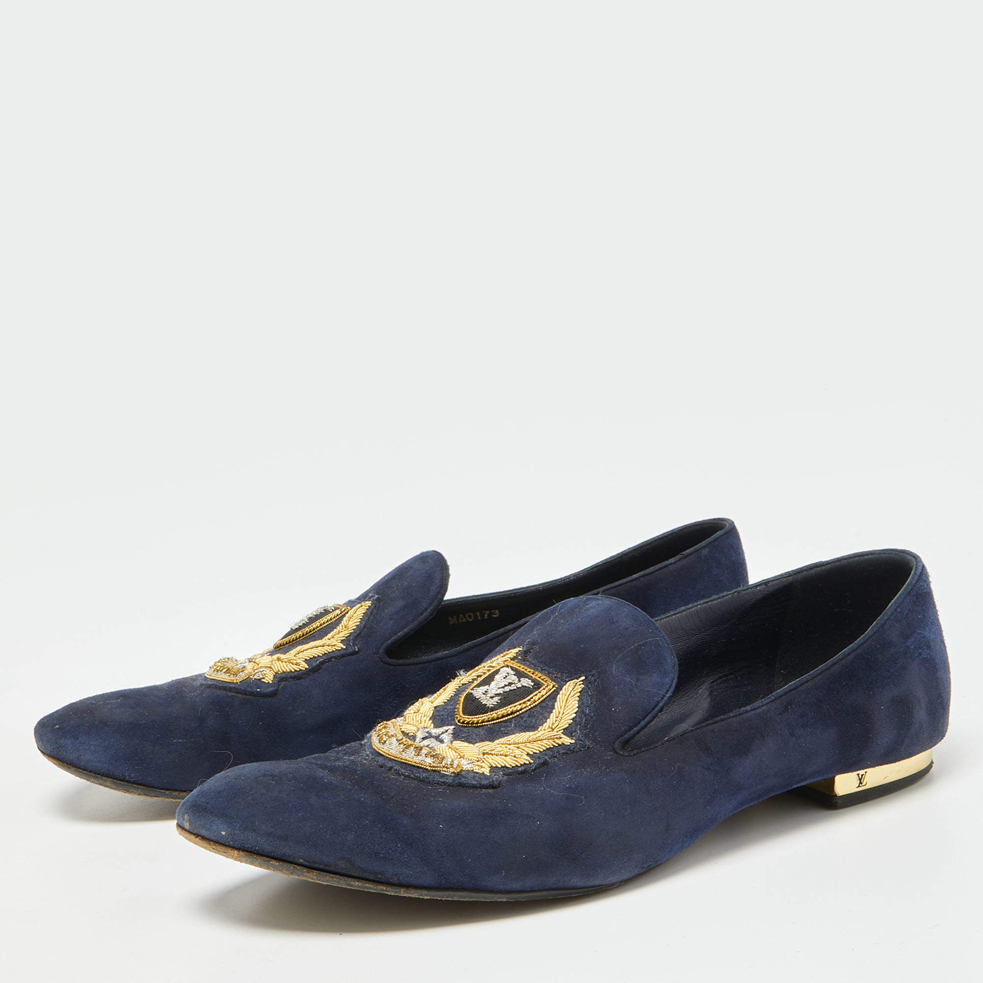 Louis Vuitton Blue Suede Embroidered Smoking Slippers Size 38