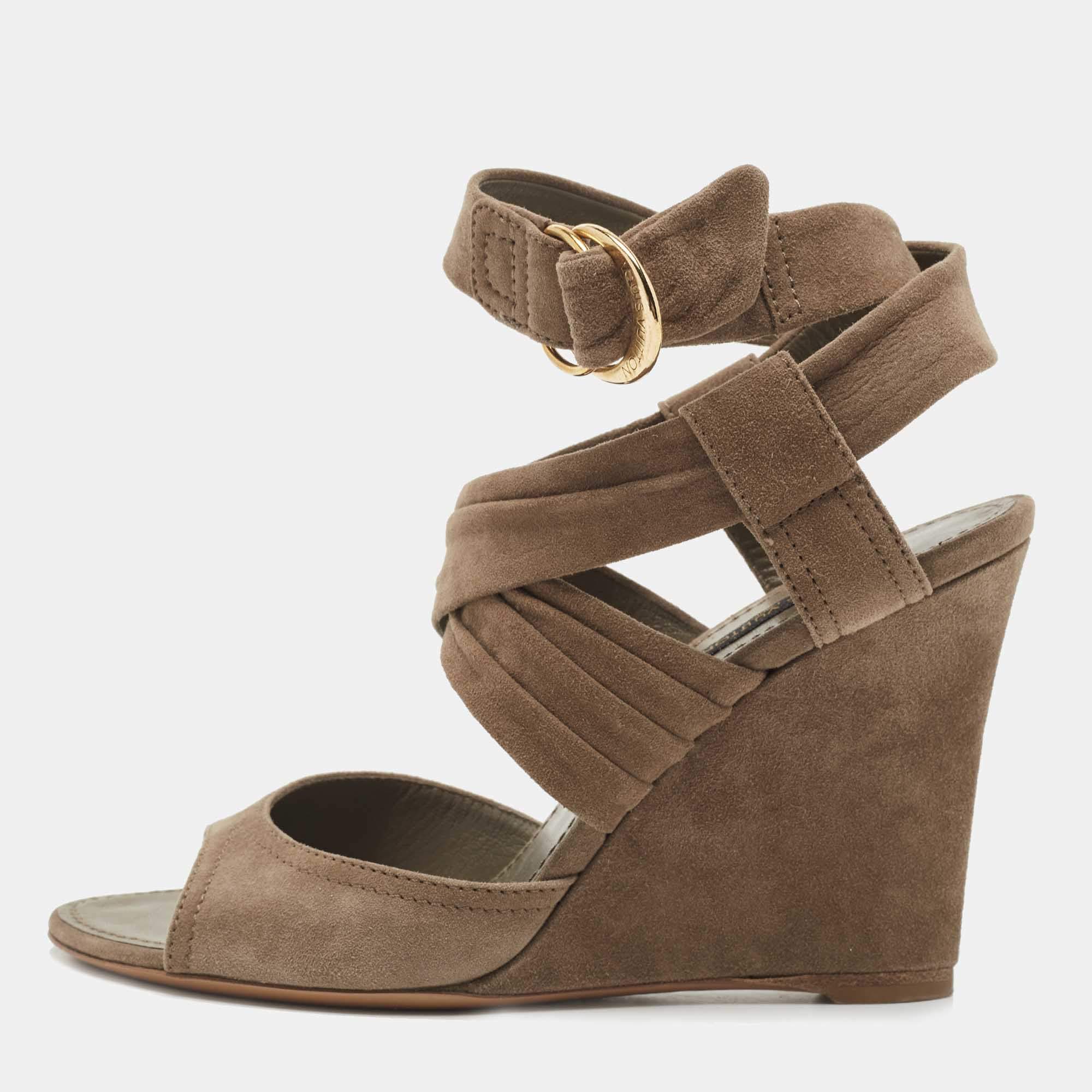 Pre Owned Louis Vuitton Grey Suede Wedge Ankle Wrap Sandals Size 37