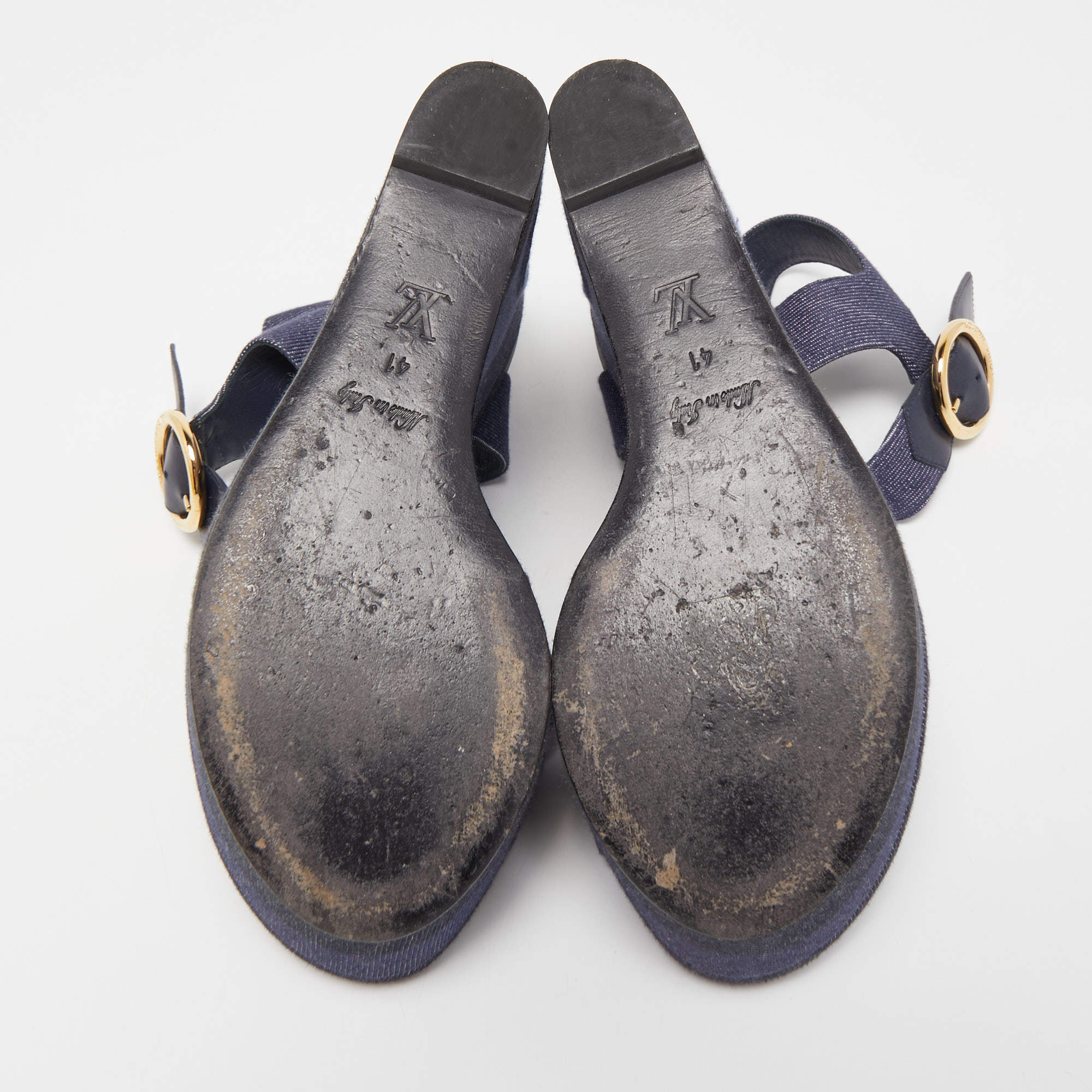 Louis Vuitton Navy Blue Denim Wedge Platform Ankle Strap Sandals