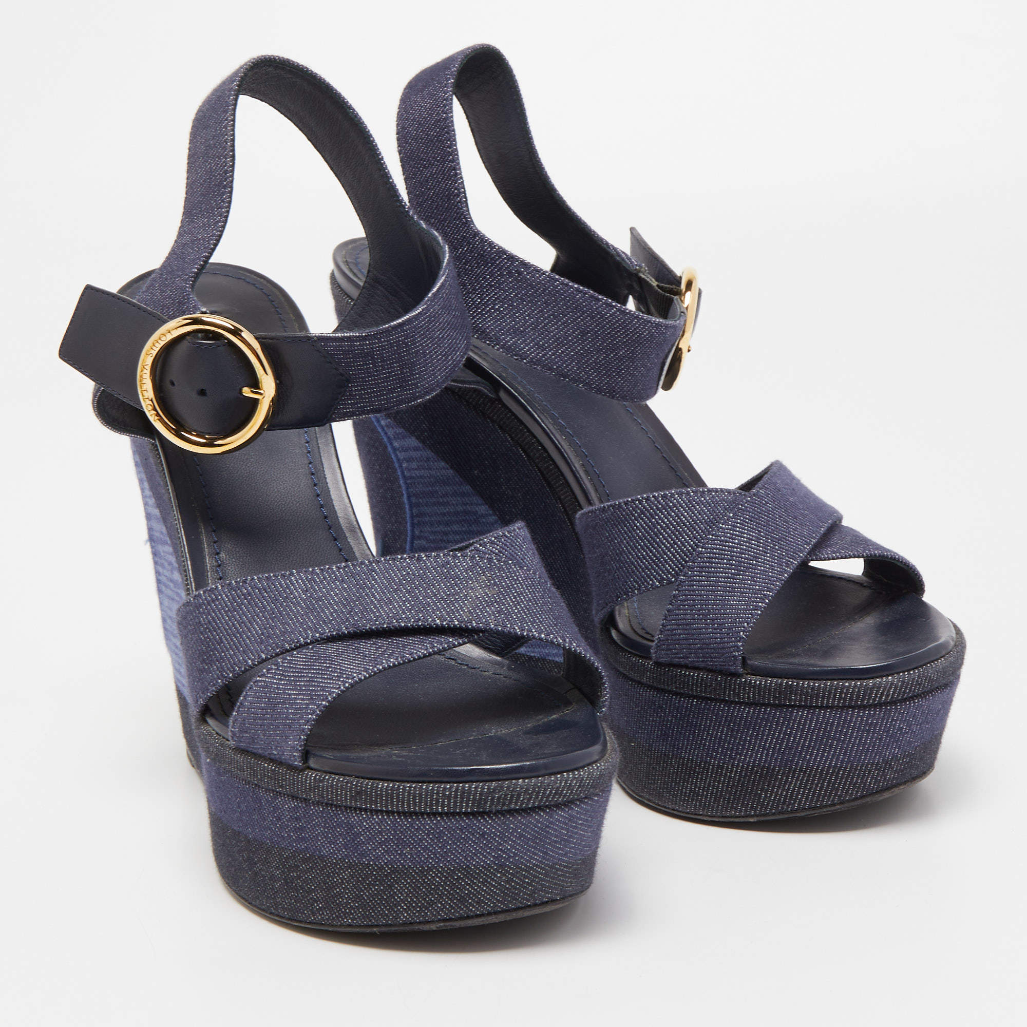 Louis Vuitton Blue Leather/Denim Wedge Sandals Size 5.5/36 - Yoogi's Closet