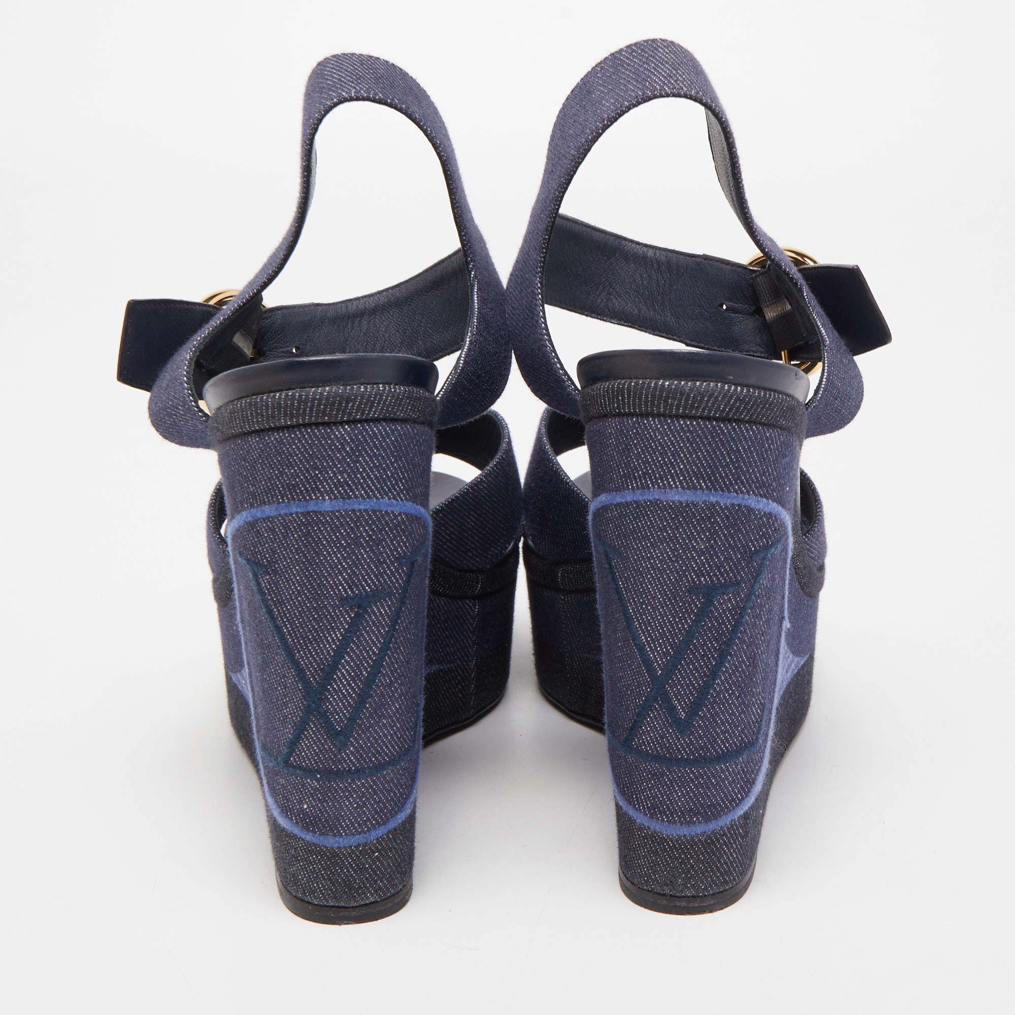 LOUIS VUITTON Blue LV Logo White Ankle Strap Wedge Sandals EUR37.5