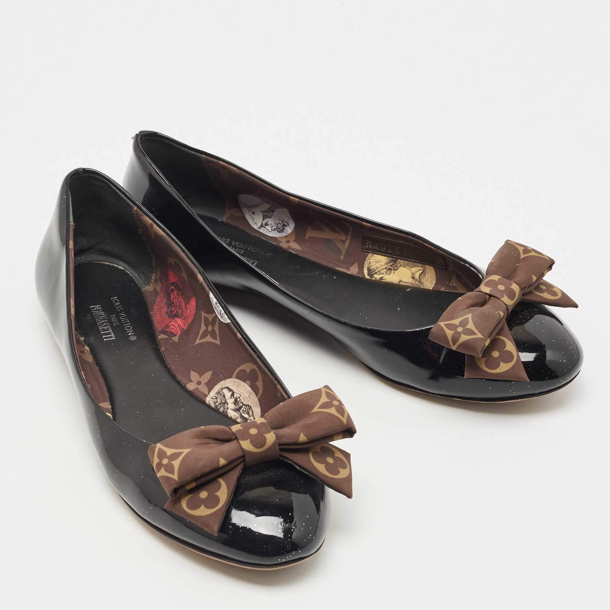 Louis Vuitton Black Patent Leather and Nylon Monogram Bow Popi Ballet Flats Size 38.5